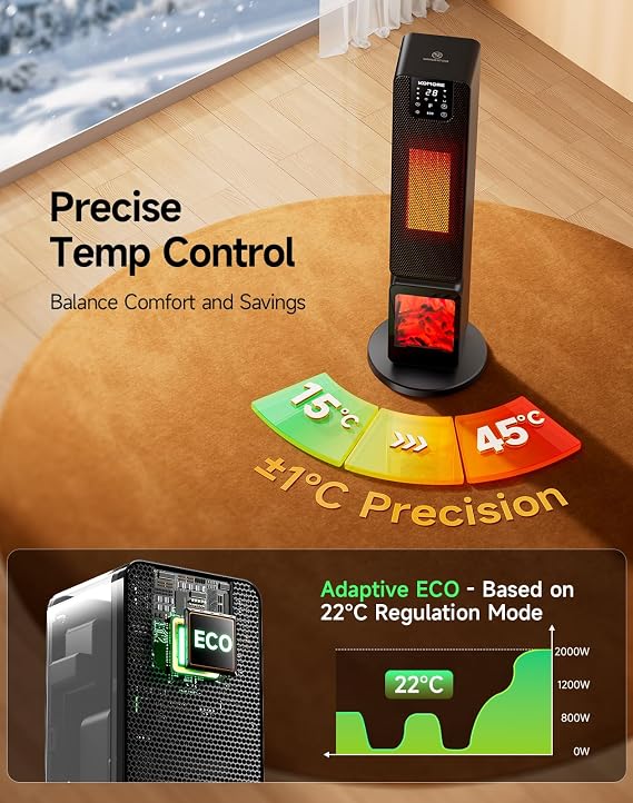 Heater with Fireplace, 2000W WIFI APP Electric Heater for Home, 90°Oscillation PTC Fan Heater, 4 Modes, ECO Adjustable Temperature, LED Display, 12h/7d Timer, Remote Control