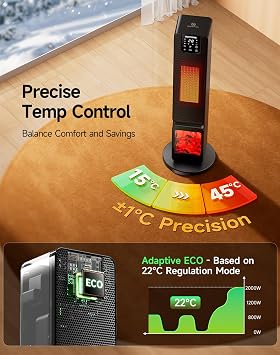 Heater with Fireplace, 2000W WIFI APP Electric Heater for Home, 90°Oscillation PTC Fan Heater, 4 Modes, ECO Adjustable Temperature, LED Display, 12h/7d Timer, Remote Control