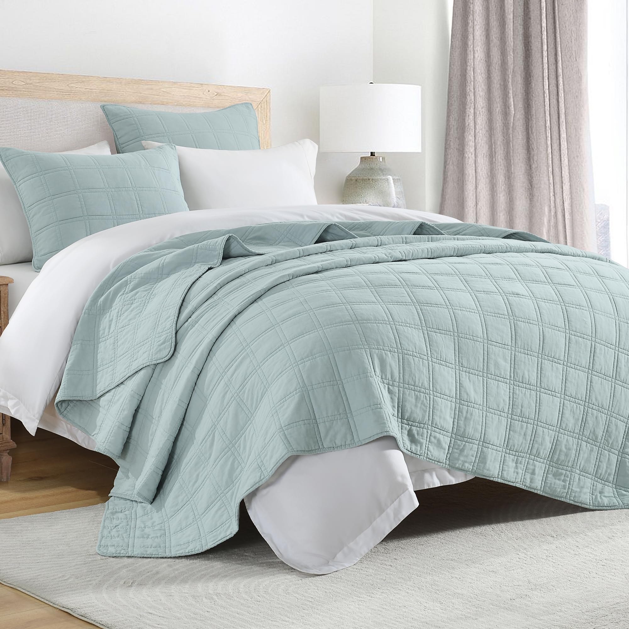 HORIMOTE HOME 100% Cotton Quilt Set King Size, Paleturquoise Pre-Washed Bedspreads Coverlet Set in Geometric Pattern, Cozy Lightweight Stitching