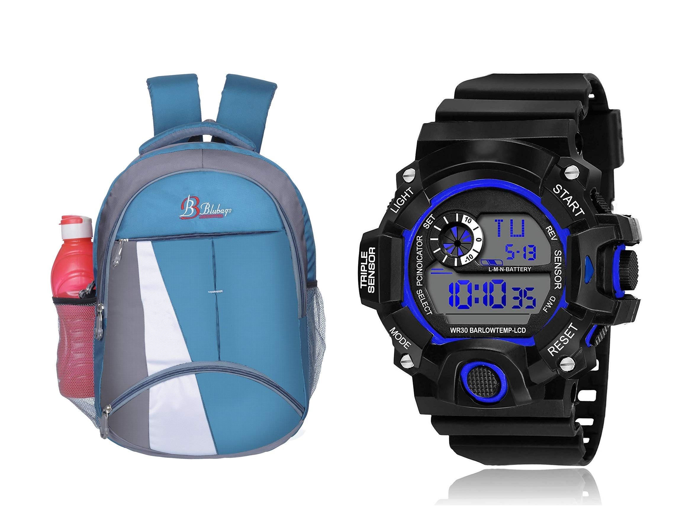 BLUBAGS Canvas Waterproof School Bag & College Laptop for Boys,Girls (B1 Black with s shockk Blue Unisex Watch) (B1t-Blue with Shock Blue Watch Free)-image-35