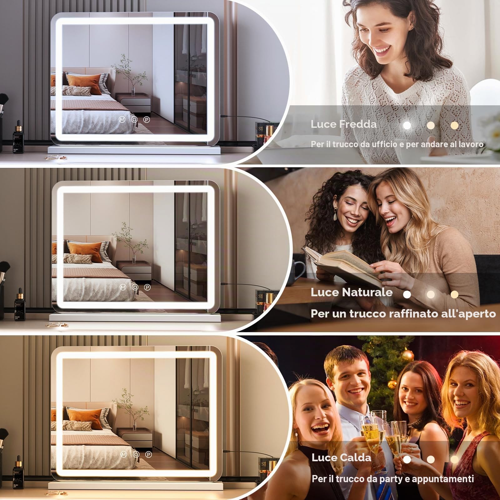 ZL ZELing Specchio da toilette e trucco 58 cm grande con luci LED, touch intelligente, regolazione luminosità, 3 colori luce, funzione di memoria, porta USB ricarica e lente ingrandente.