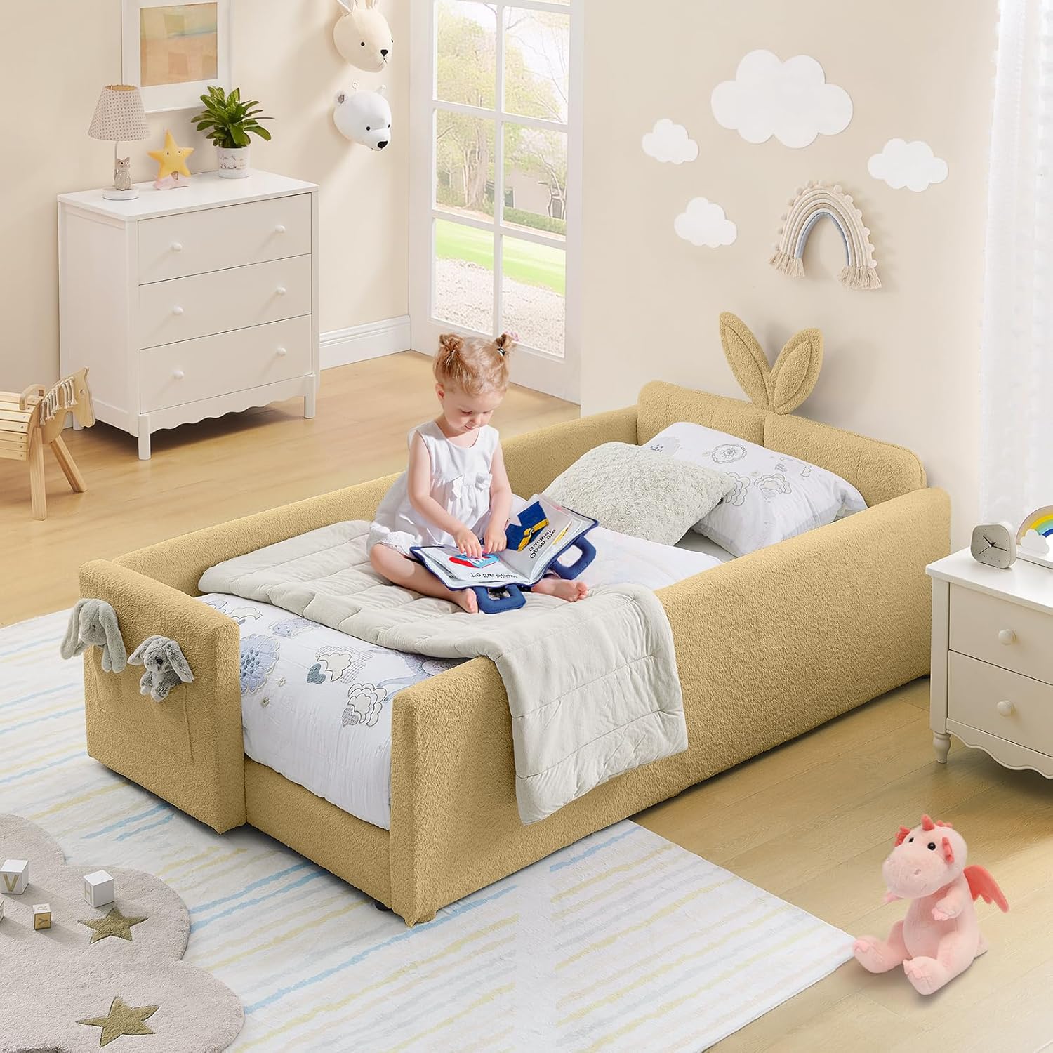 Twin Size Kids Bed with Rabbit Ear Headboard, Upholstered Boucle Fabric Twin Daybed with Slats Support & Side Pockets, Space-Saving Wooden Corner Sofa Couch Bed Frame for Girls, Boys, Teenager(Yellow)