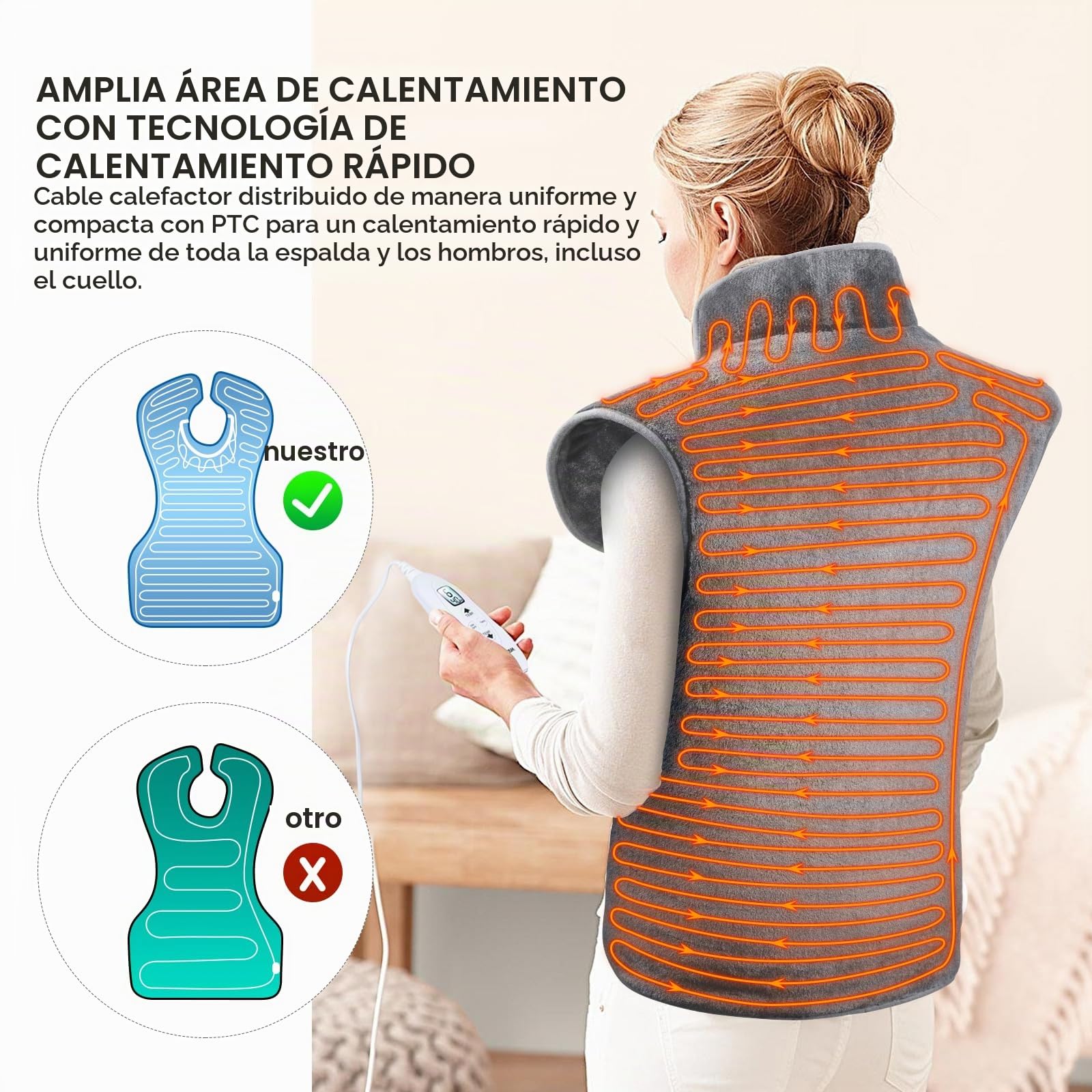 Almohadilla térmica eléctrica Olycism de 60 x 100 cm para espalda, hombros y cuello. Apagado automático, 10 niveles de calor y 9 temporizadores. Lavable a máquina a 40 °C.