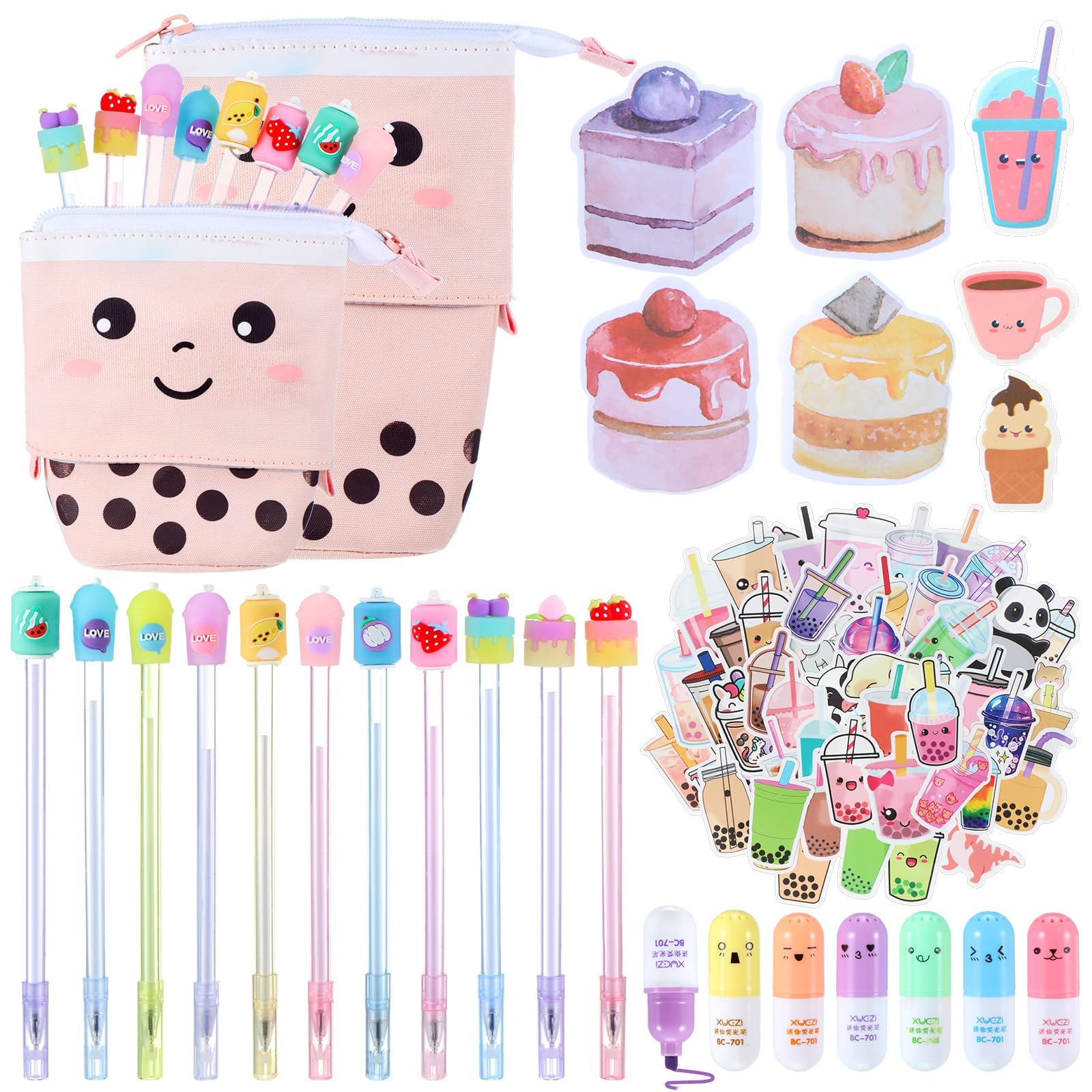 Kawaii Stationary Set Include Telescopic Pencil Pouch Case Bag Gel Ink Pen Sticky Note Bubble Tea Sticker Pill Highlighter Stationary Cute School Supplies for Christmas