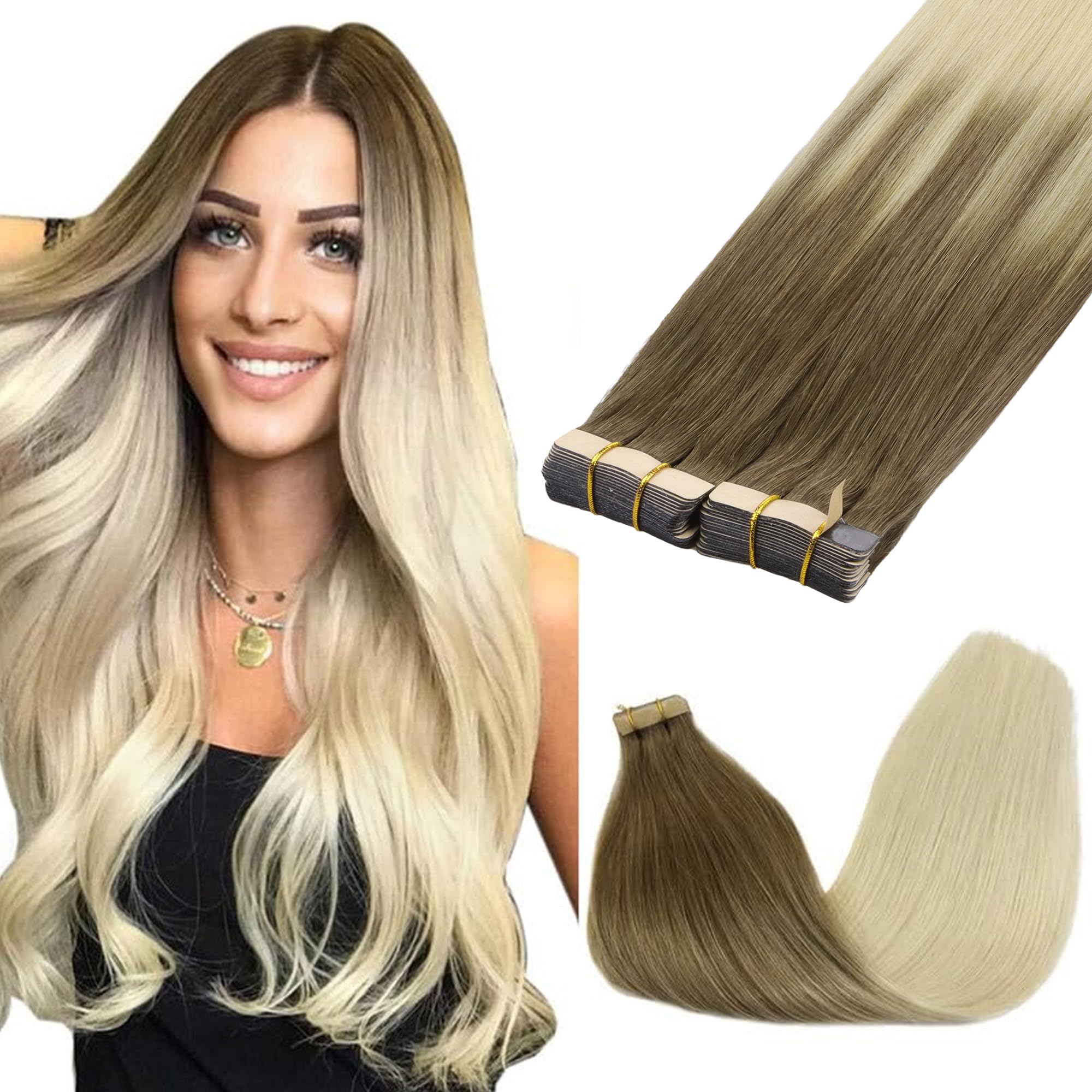 GOO GOO Tape in Hair Extensions Human Hair, 20pcs 50g 16inch, Balayage Chocolate Brown to Strawberry Blonde Real Remy Hair Extensions Seamless Straight Human Hair Extensions — view 69