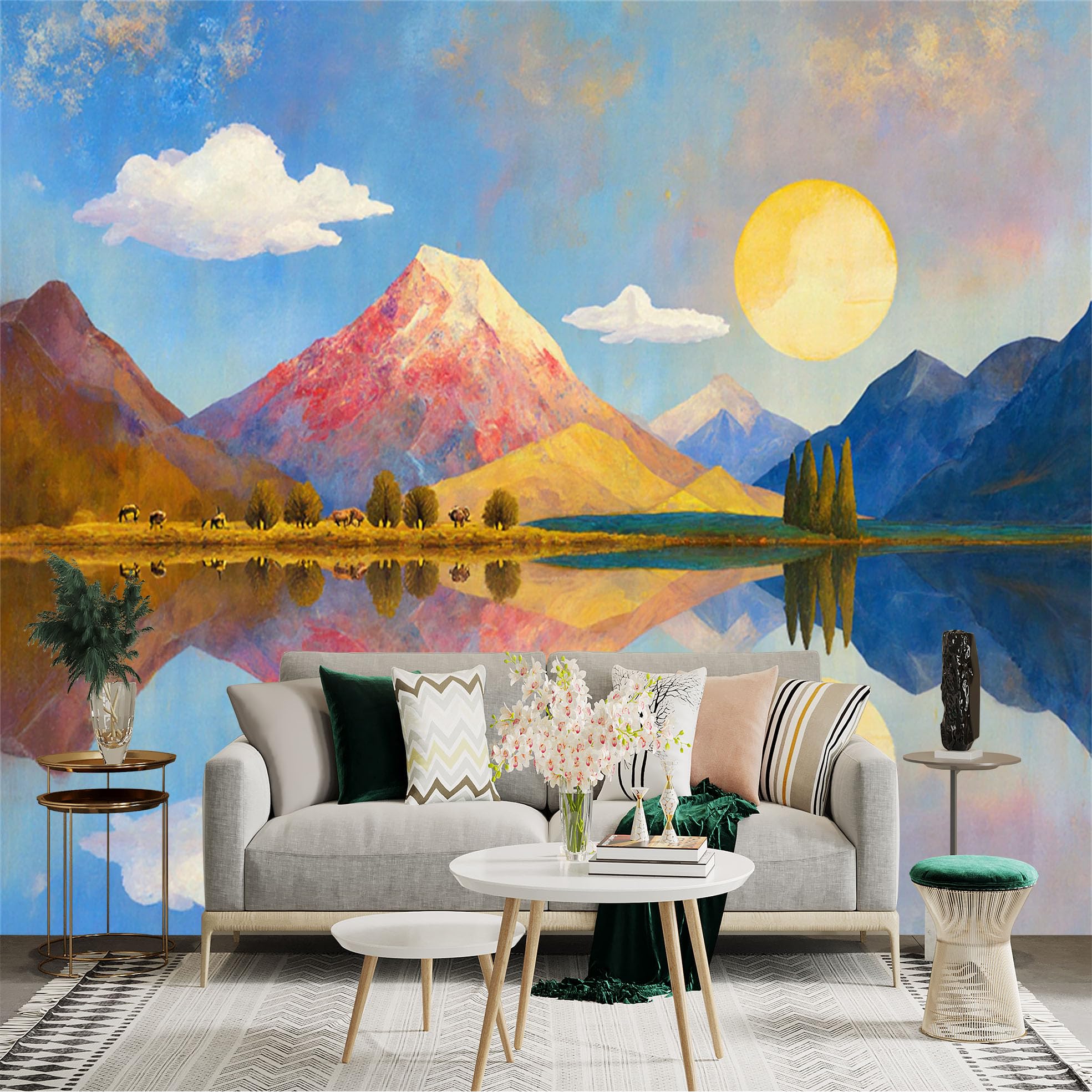 Custom Size Wall Sticker Mural， Abstract Colorful Mountain Peak， Sunlit Lake Reflection， Artistic Nature Landscape， for wall Decoration， peelandstick wall Decals.