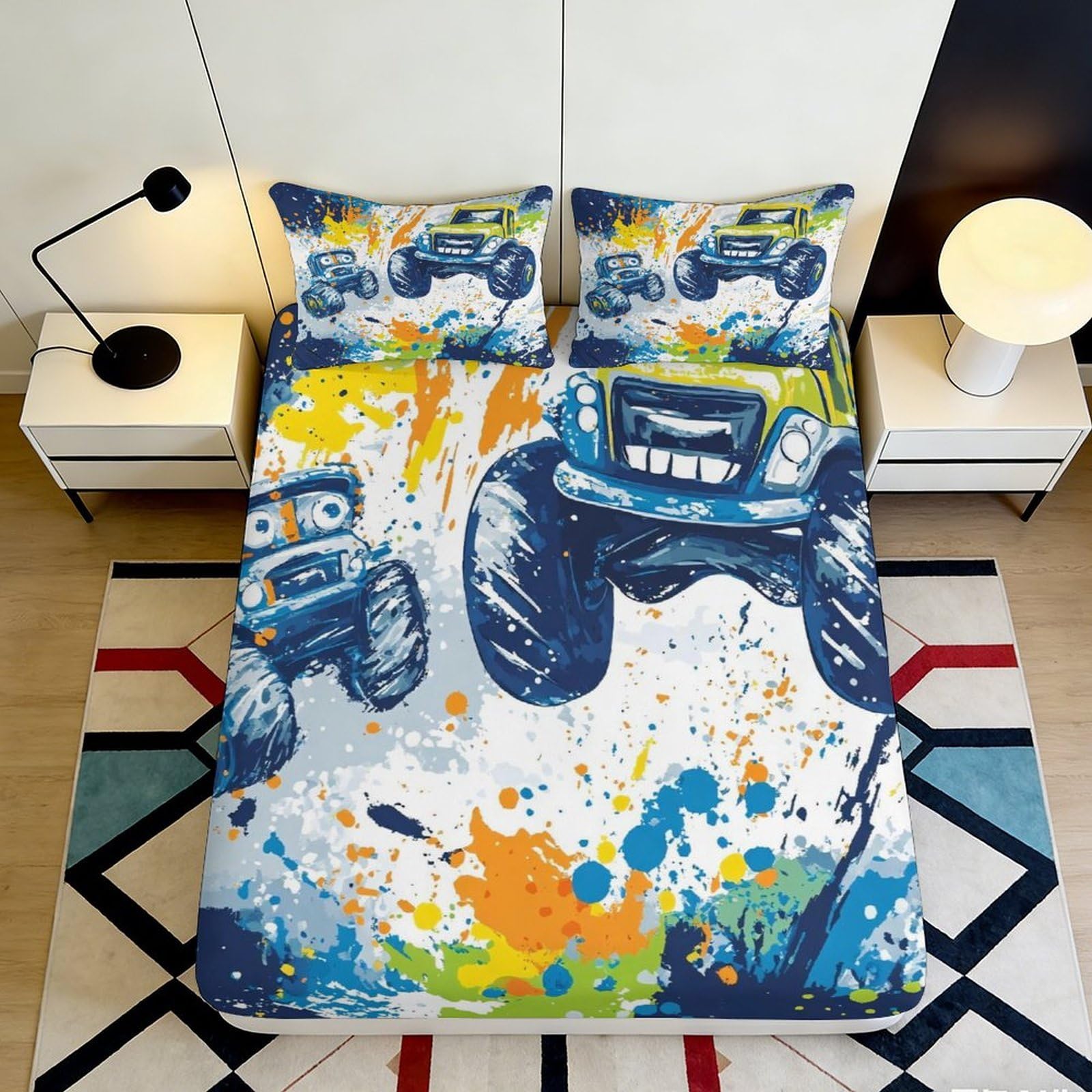 3D Printed Cartoon Monster Truck Fitted Sheet Microfiber Deep Pocket Bedroom Bedding Full Wrap Off-Road Mattress Fitted Cover Washable for Adults Teens 200x200x25cm 90x200x25cm