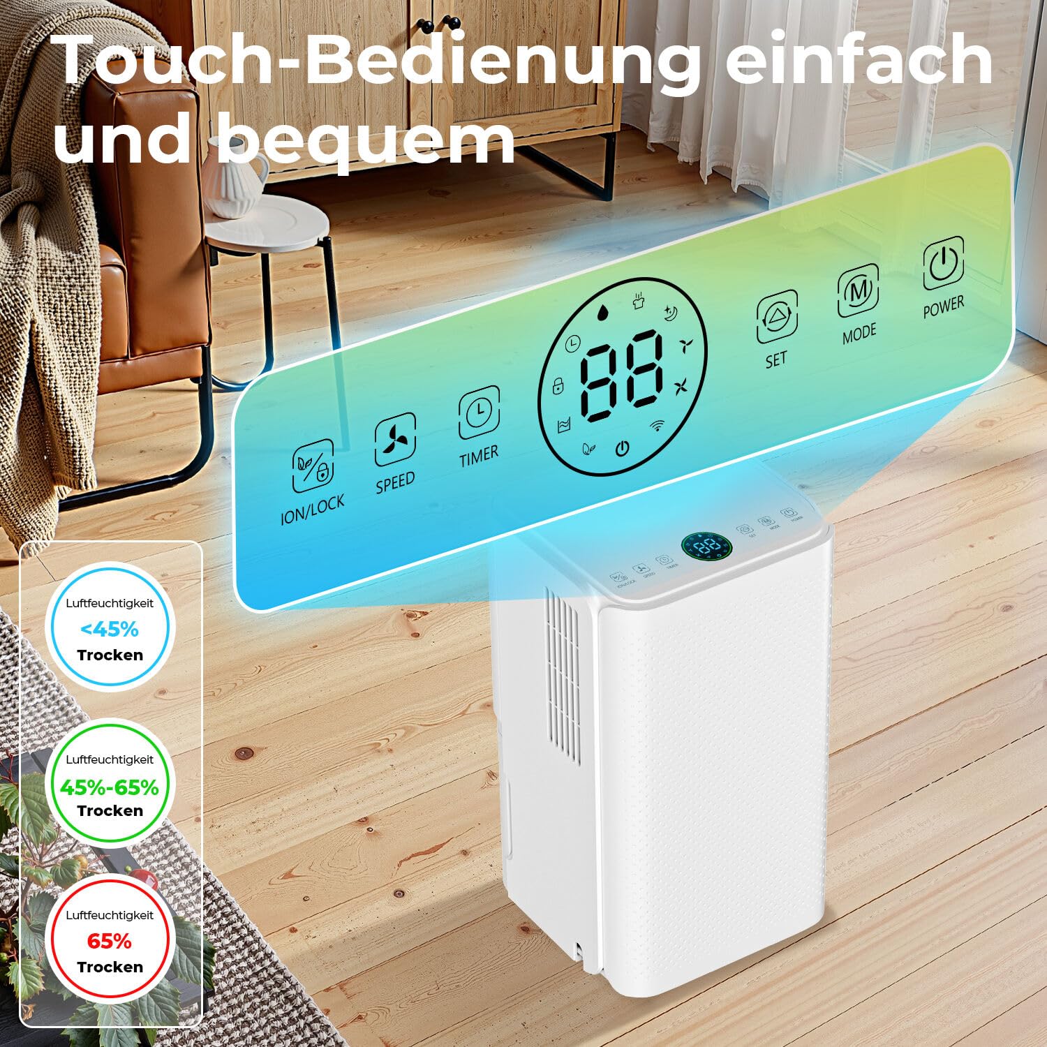 Osuszacz powietrza 16 l/dzień, elektryczny osuszacz powietrza 38 dB, osuszacz do pomieszczeń do 30 m², osuszacz powietrza z 3 trybami, wyświetlacz cyfrowy, timer 24 h, osuszacz do domu