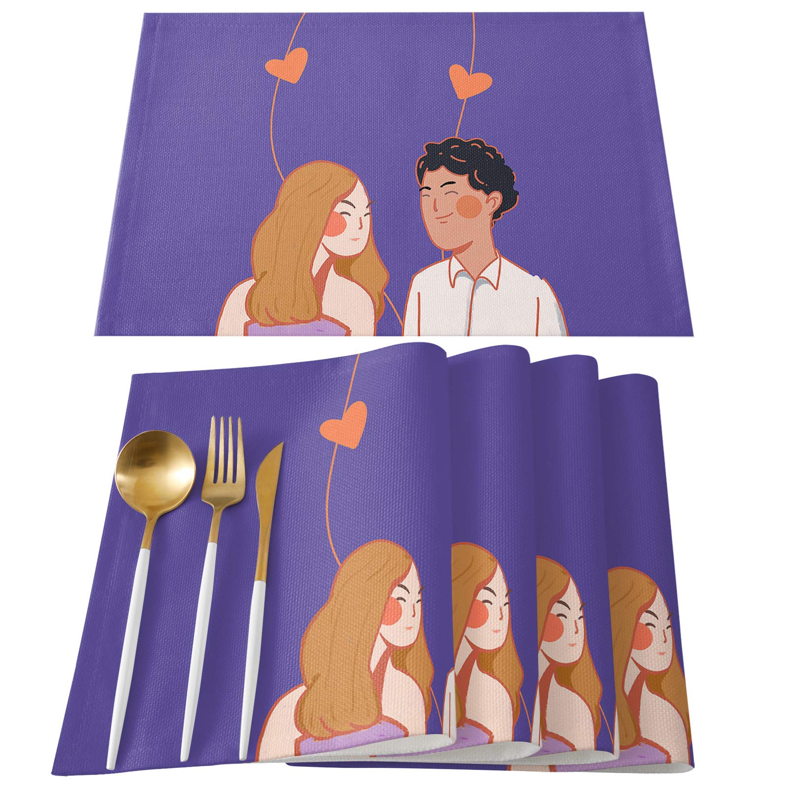 TweetyBed Valentine's Day Placemats Lover Couple Tablemats for Dinner Table Heart Purple Valentines Table Mats Non-Slip Washable Heat Resistant, Set of 6