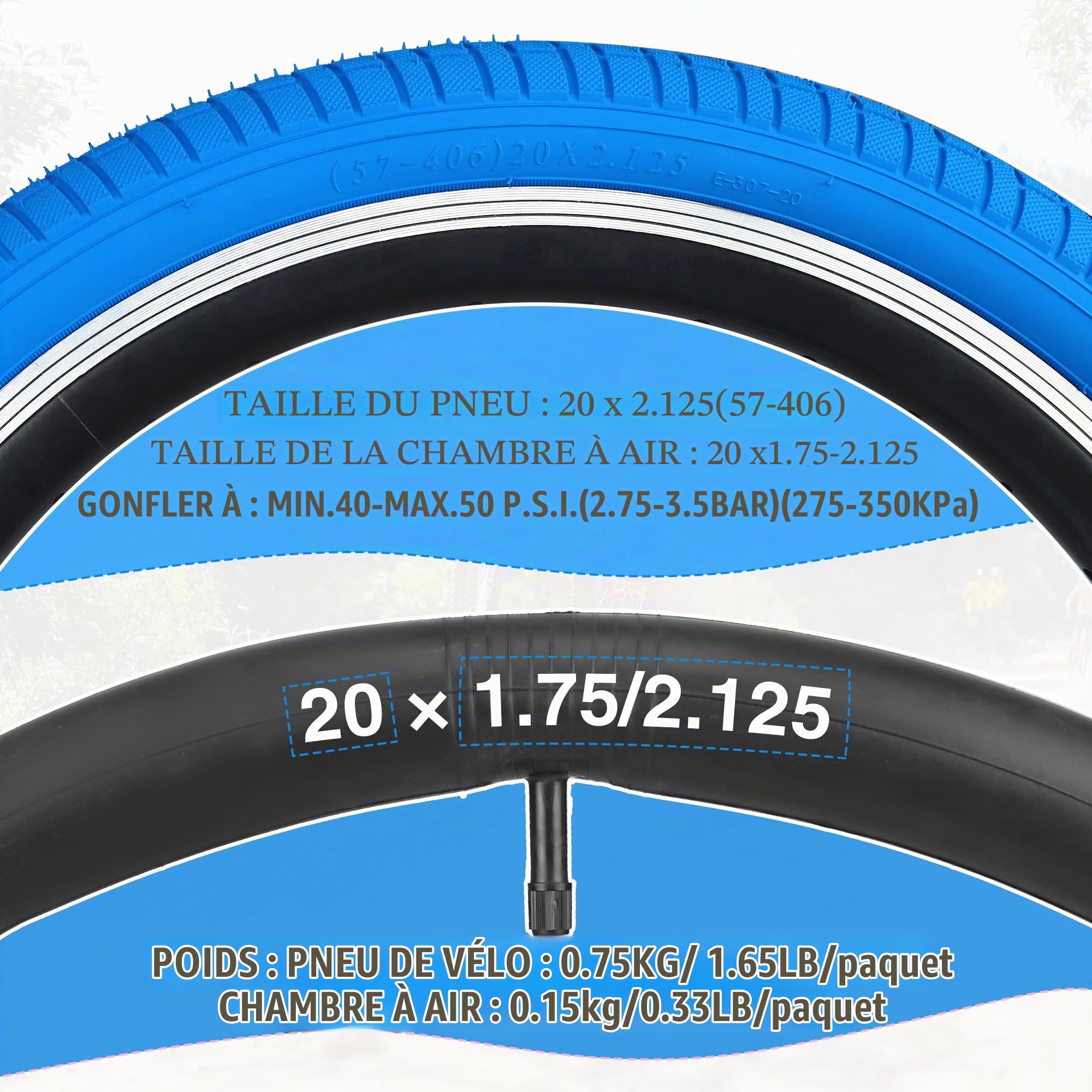 WEEROCK Lot de 2 pneus de vélo de 50,8 cm, 50,8 x 2,125, Pneu de Rechange Pliable avec Chambre à air de 50,8 cm, pour vélos de 20", VTT, BMX