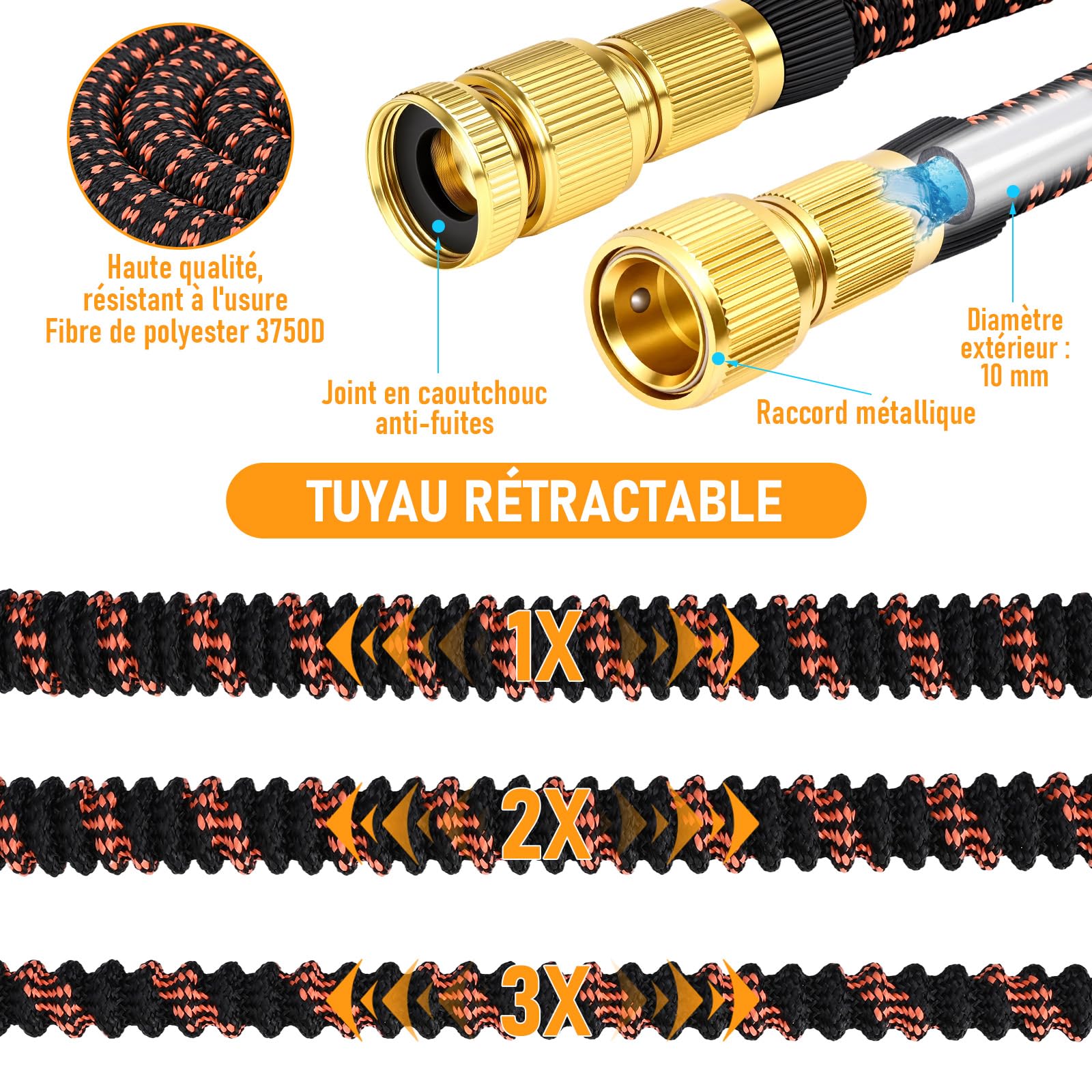 Manguera Extensible 30M/100FT, Manguera de Jardín Extensible Pistola de Riego con 8 Funciones Pistola Hose Con 3/4" y 1/2" Accesorios de aleación de zinc. el Riego de Plantas Hortícolas (Orange)