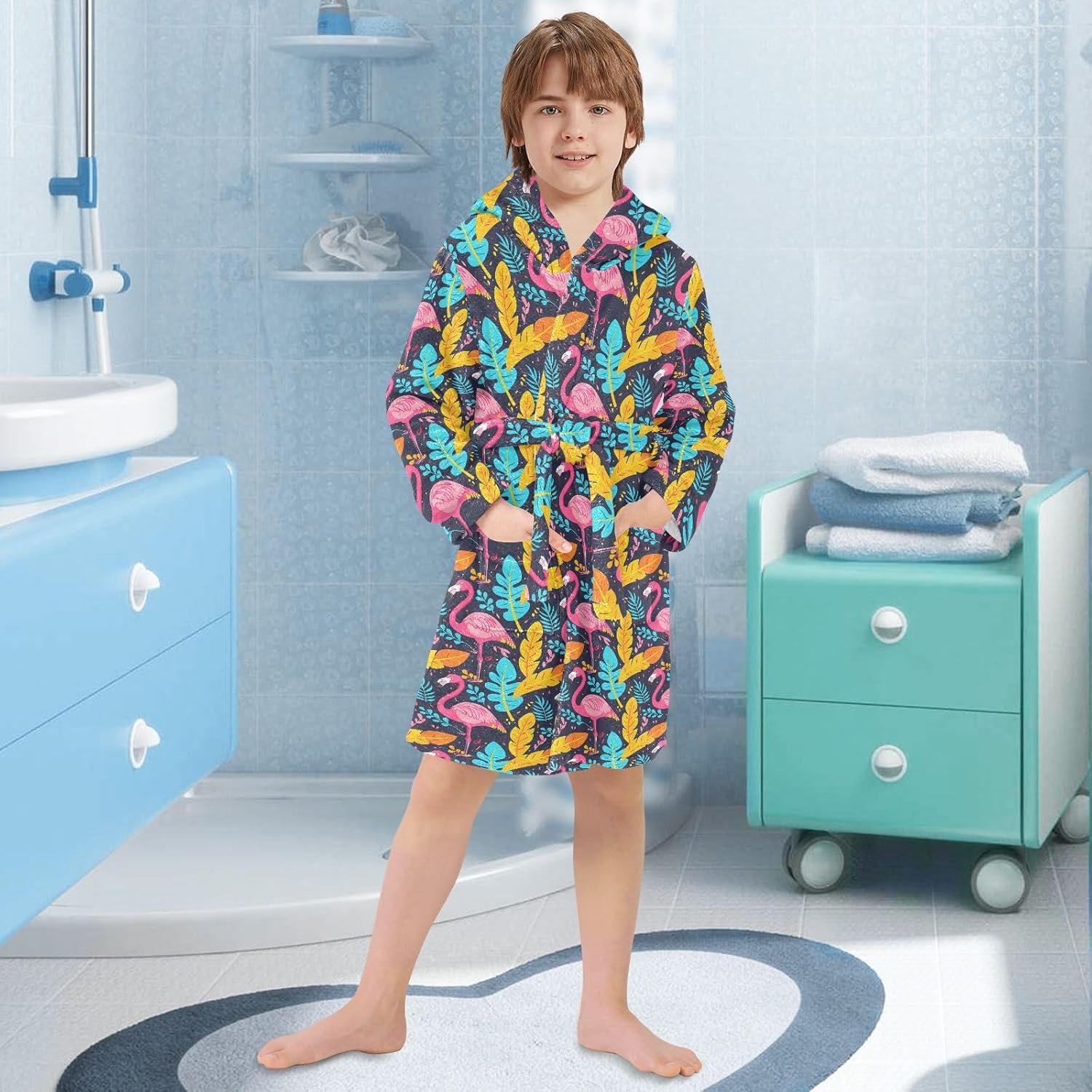 senya Yellow Leaves Flamingo Toddler Hooded Bathrobe Kids Soft Plush Bath Towel Robes for Boys Girls 2-12 Years