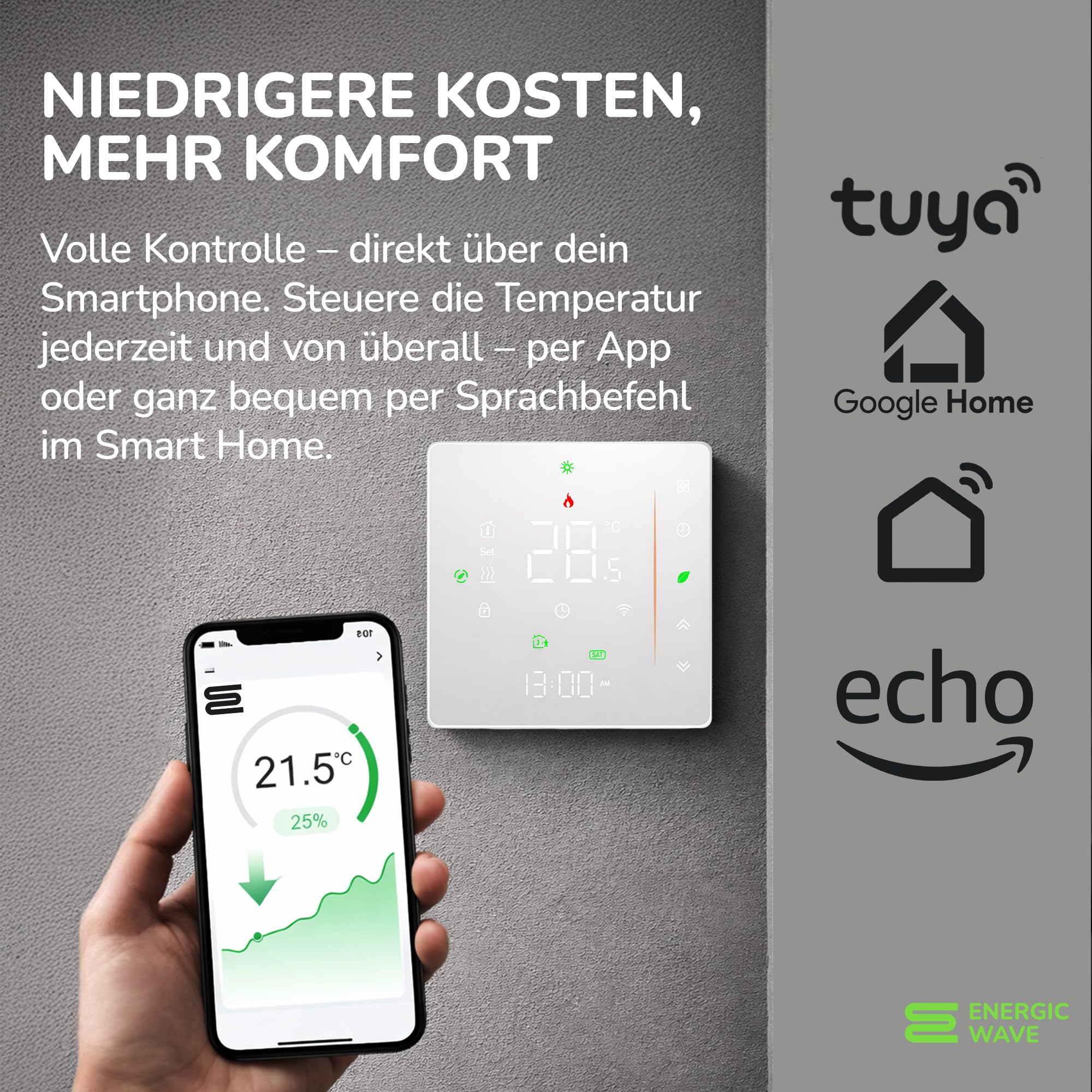 Thermostat für Elektrische Fußbodenheizung - Smart WIFI Programmierbar Raumthermostat Kompatibel mit TUYA, Google Home und SmartLife - 16A 60 mm Unterputz Bodenfühler