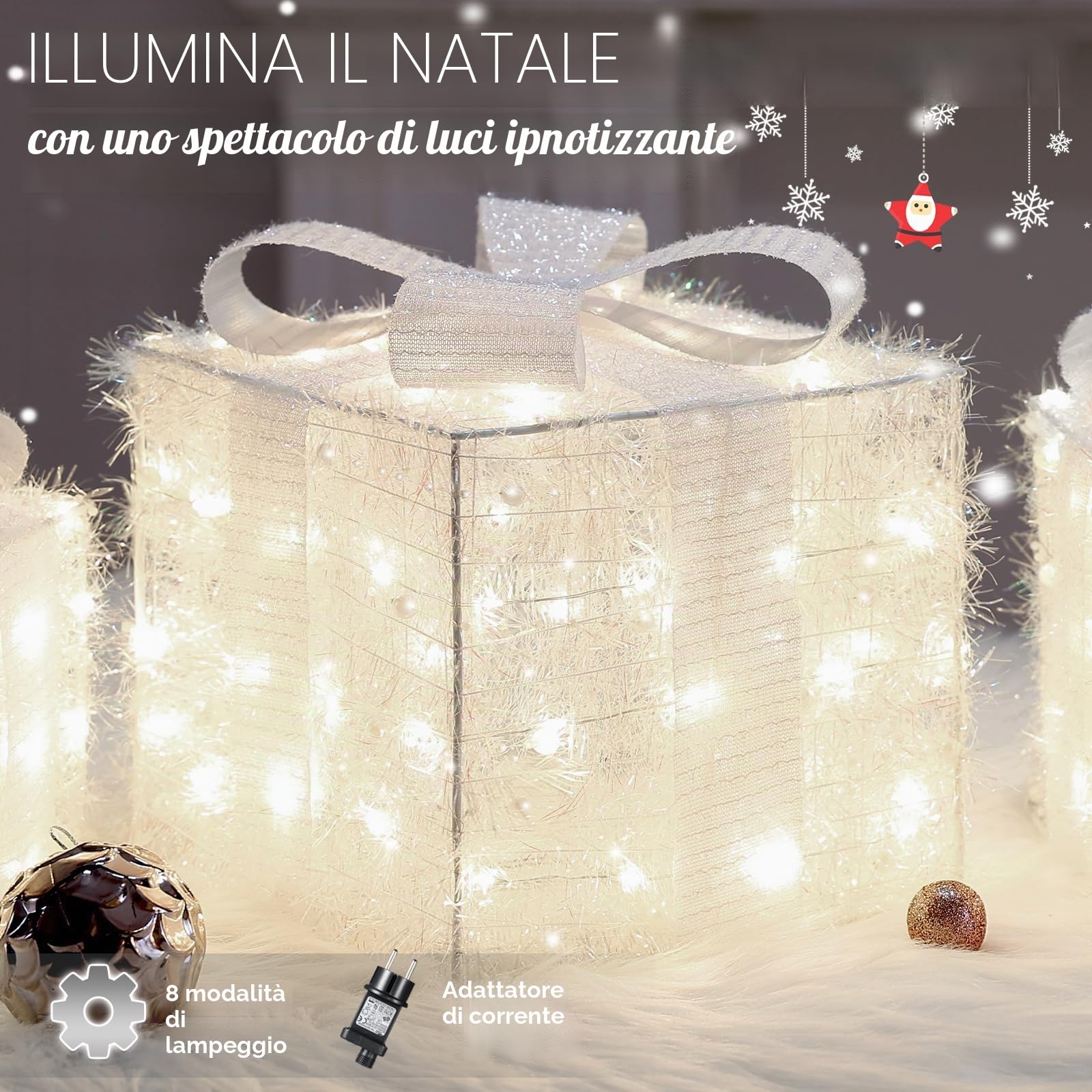 Quntis Set di 3 Pacchi Luminosi Natalizi, LED Scatole Natalizie Luminose con Timer & 8 modalità di Flash, Decorazioni Albero di Natale con Perle e Fiocco Intrecciato Bianco Puro (Rimovibile), Spina