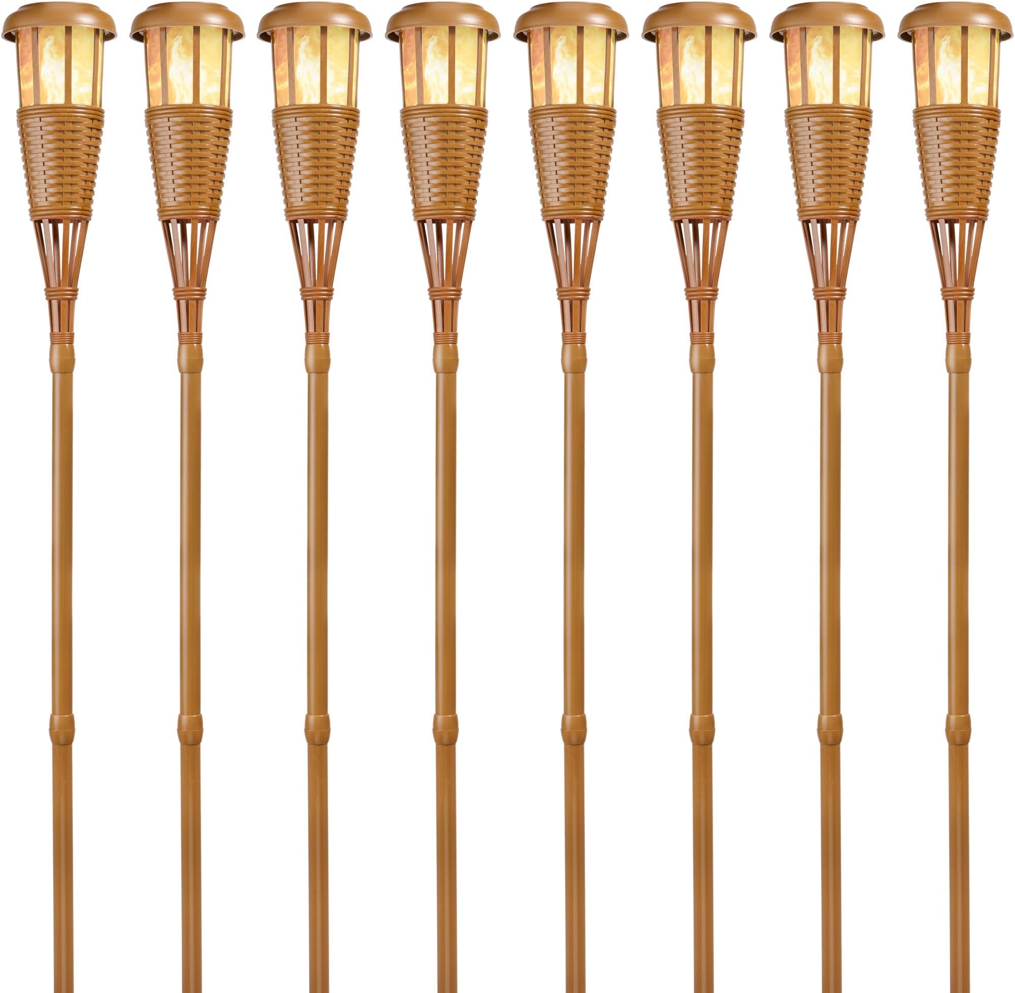 Newhouse Lighting FLTORCH8 LED Island Torch Solar-Powered Flickering Dancing Flame Effect, Waterproof Outdoor Landscape Lighting, Bamboo Finish, 8-Pack