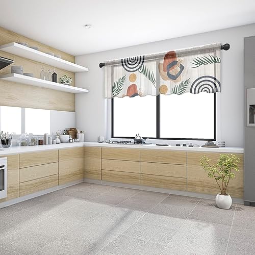 Miniatura 4 de Cortina bohemia semitransparente geométrica para decoración de cocina, sala de estar, moderna de mediados de siglo, cenefa con bolsillo para barra,