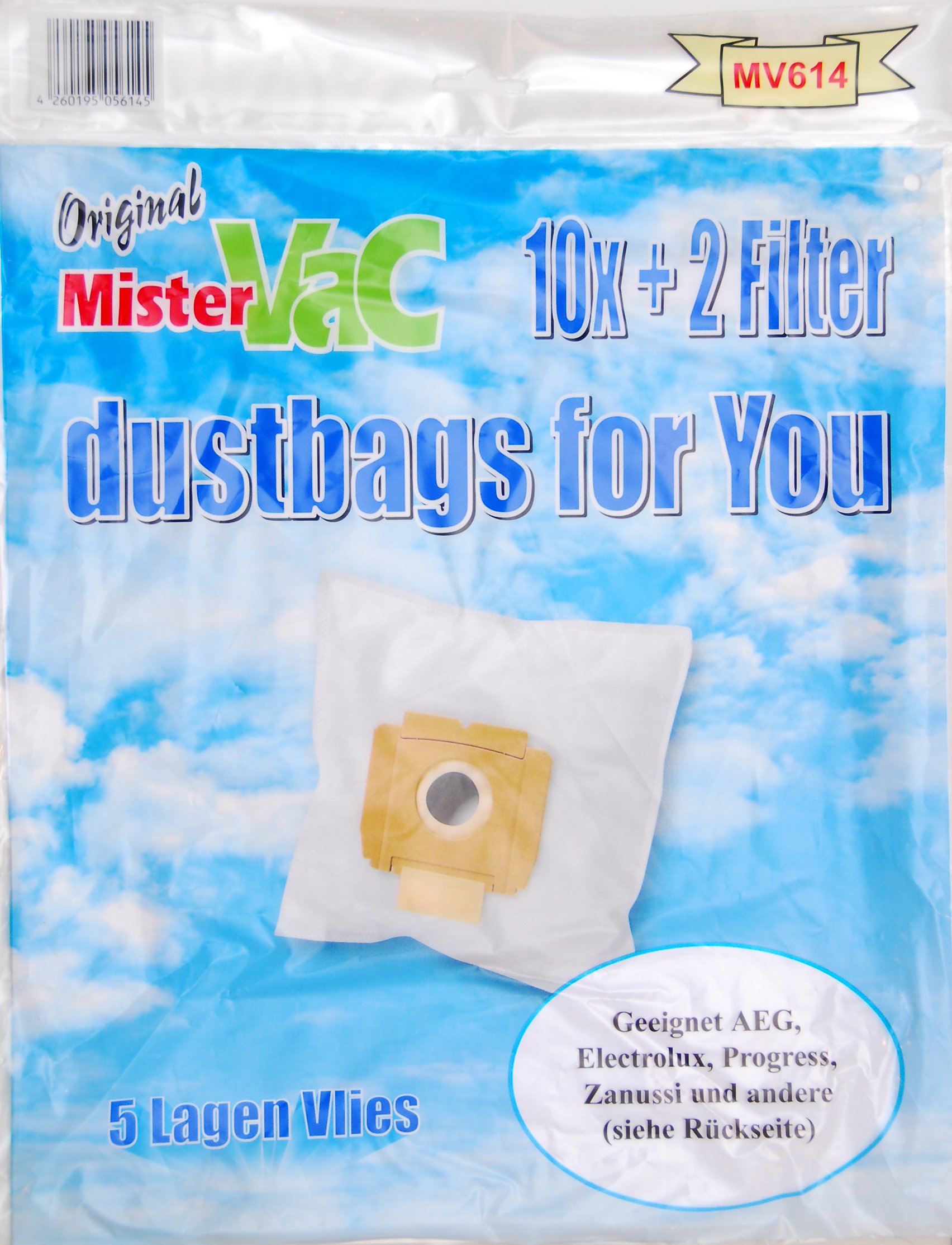 Mister Vac MV614 Staubsaugerbeutel – 10 Staubbeutel + 2 Filter, 5-lagiges Mikrovlies, Hohe Filtration, Allergiker-geeignet, Verschließbar