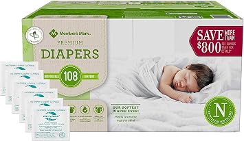 HAO M Mark Premium Baby Diapers - Newborn 0-10 lbs 108 Count W/Moist Towelettes