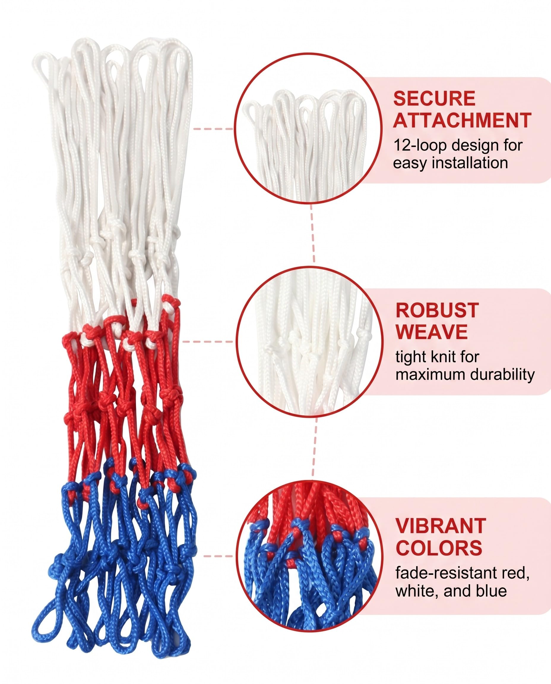 Reti per Canestro da Basket 2 Pezzi Blu Rosso Bianco | 12 Anelli Professionali per Esterno, Rinforzate e Resistenti alle Intemperie per Canestri Standard