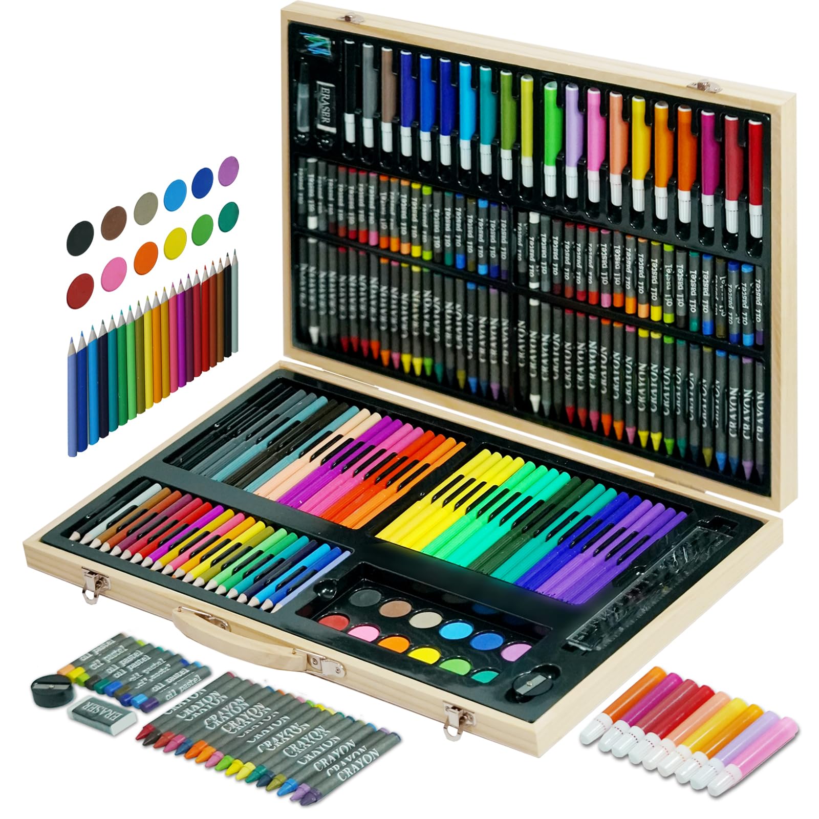 SOIOBLQY 180 Pieces Deluxe Art Set with Watercolor Pen, Crayons, Oil pastels, Watercolor Cakes Set in Wooden Case, Professional Art Kit, for Adults, Teens and Artist, Paint Supplies