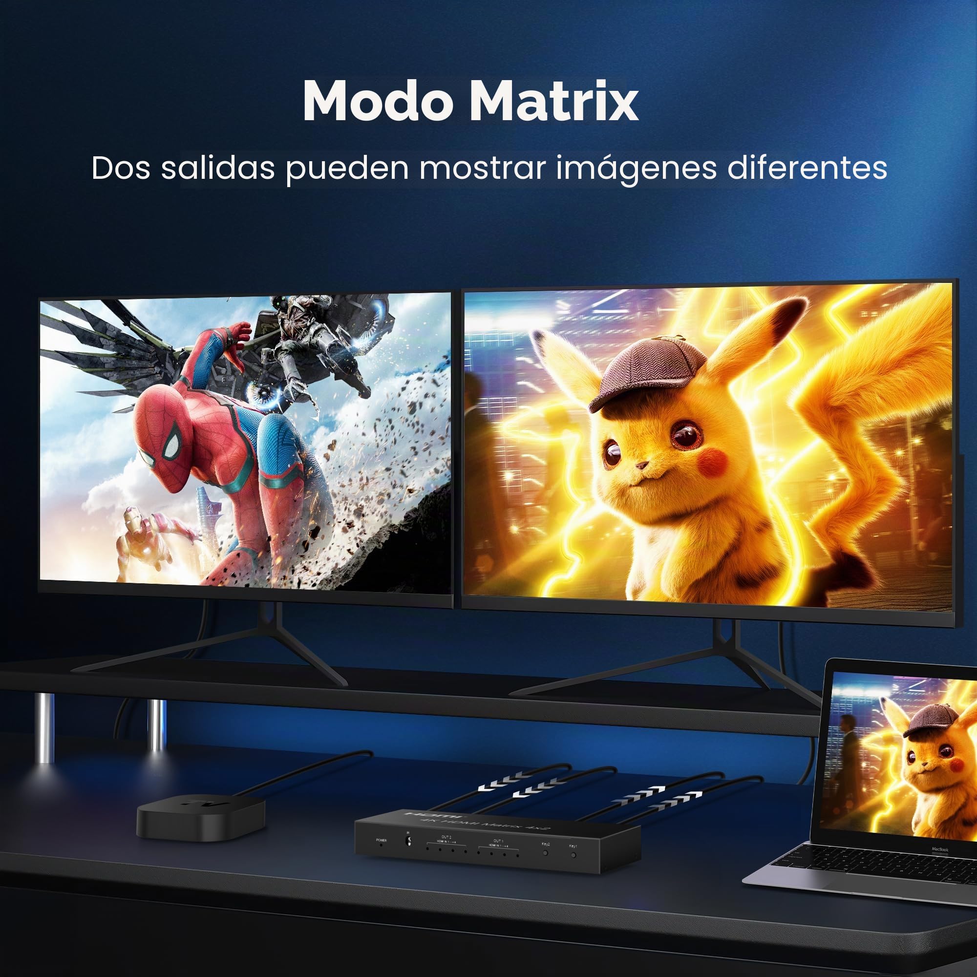 Conmutador de Matriz HDMI 4x2, 4 en 2 Salidas HDMI + Salida óptica y L/R de 3,5 mm, Compatible con Ultra HD 4K x 2K, 3D 1080P, Extractor de Audio EDID con Control Remoto IR