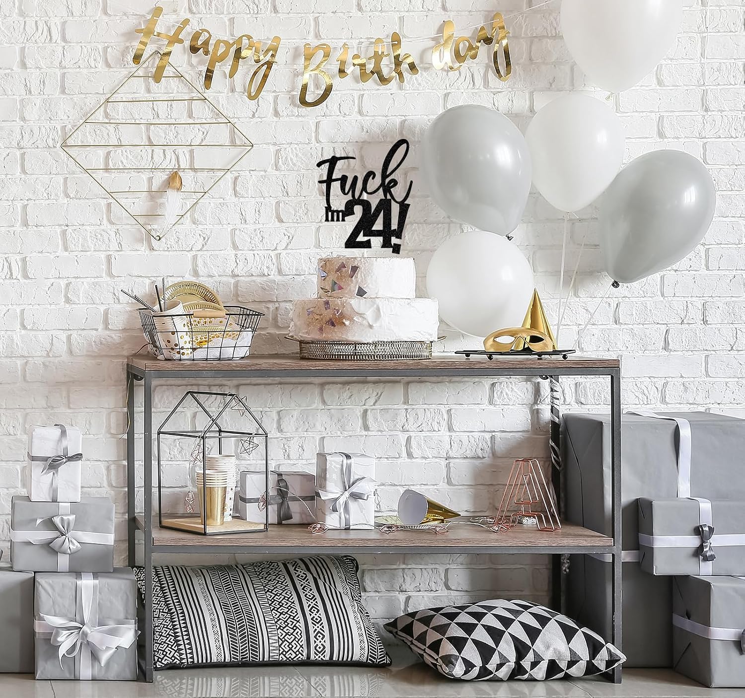 Black Glitter Fu*k I'm 24 Cake Topper, Happy 24th Birthday/Cheers to 24 Years, Funny 24th Birthday Anniversary Party Decorations Supplies for Women Men image 3