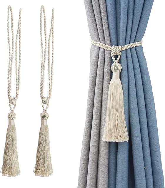 jghcsz Curtain Tiebacks Handmade Rope Tassel Tie Backs Pair Curtain Holdbacks Curtain Liner Ties for Office Home Decorative Drapery Set of 2 Beige