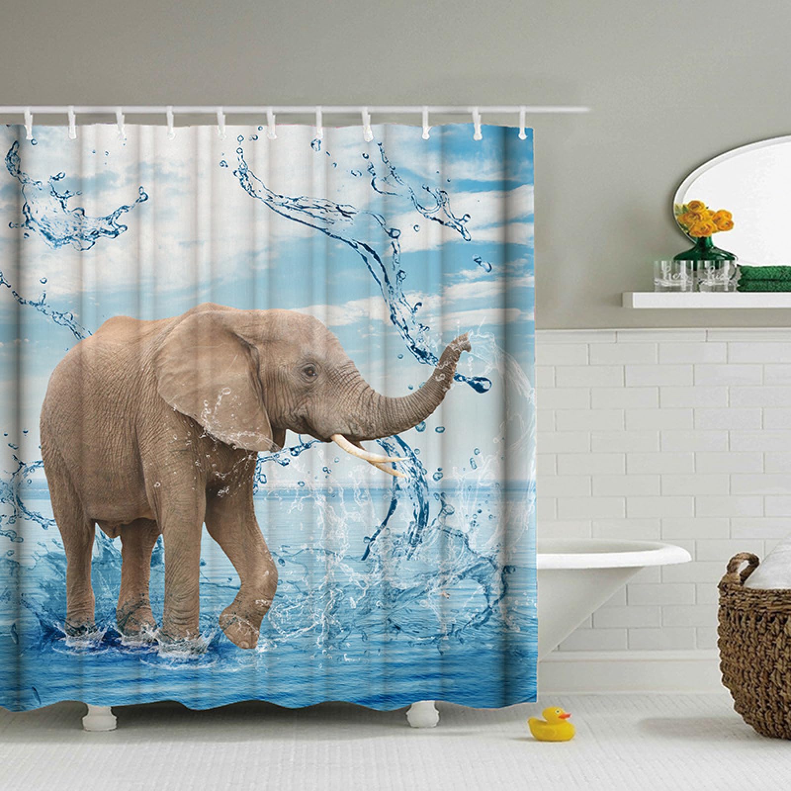 Rideau de douche 200x240 bleu éléphant gris imperméable avec crochets