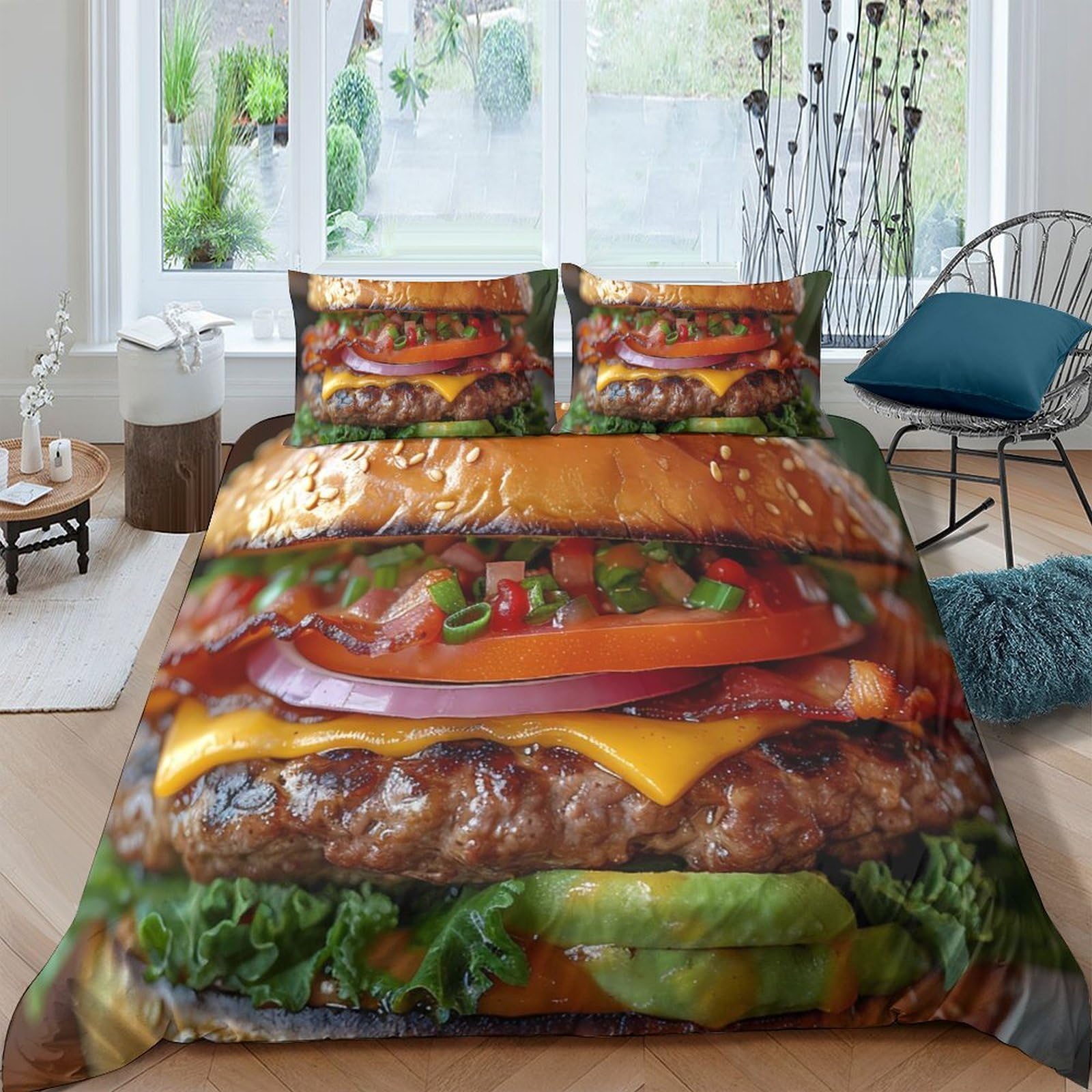 Ctjqhvkz Style-3 3D Printed Burger Pattern Fitted Sheet Microfiber Soft Decorative Food Theme Bed Cover For Bedroom Dorm Mattress Protection Single（135X200cm）