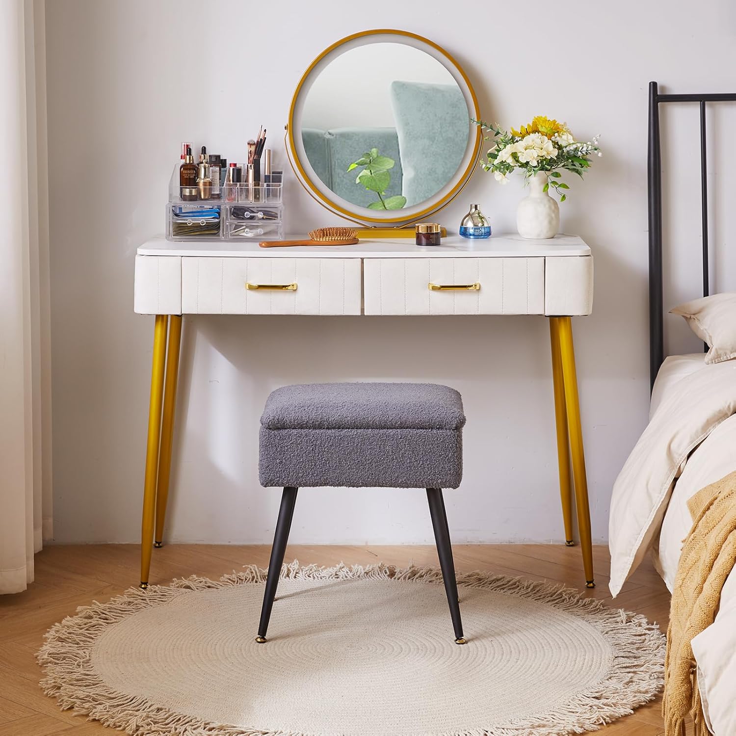 Aibiju Vanity Stool Chair Teddy Velvet with Storage, Grey Ottoman with Storage, Furry Padded Stool with 4 Metal Legs, 15.7" L x 11.8" W x 18.1" H Mushroom Ottoman for Makeup Bedroom Gray YD-SMS137G