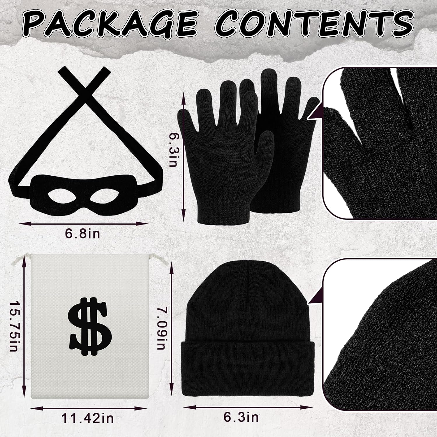 5PCS Kids Robber Costume Set,Bank Burglar Costume Shirt with Accessories,Halloween Robber Cosplay Outfits for Boys Girls - Image 2