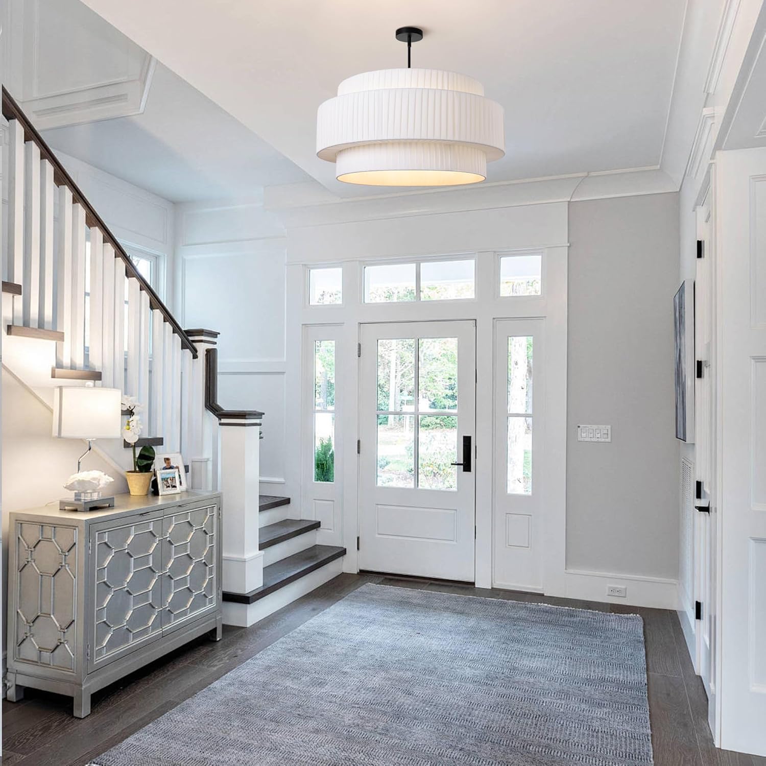 LamQee 24" Modern Drum Chandelier, 5-Light Hand-Pleated Fabric Pendant Light Fixture with White Shade and Black Finish, 3 Tier Semi Flush Mount Ceiling Hanging Lighting for Dining Room Kitchen Bedroom