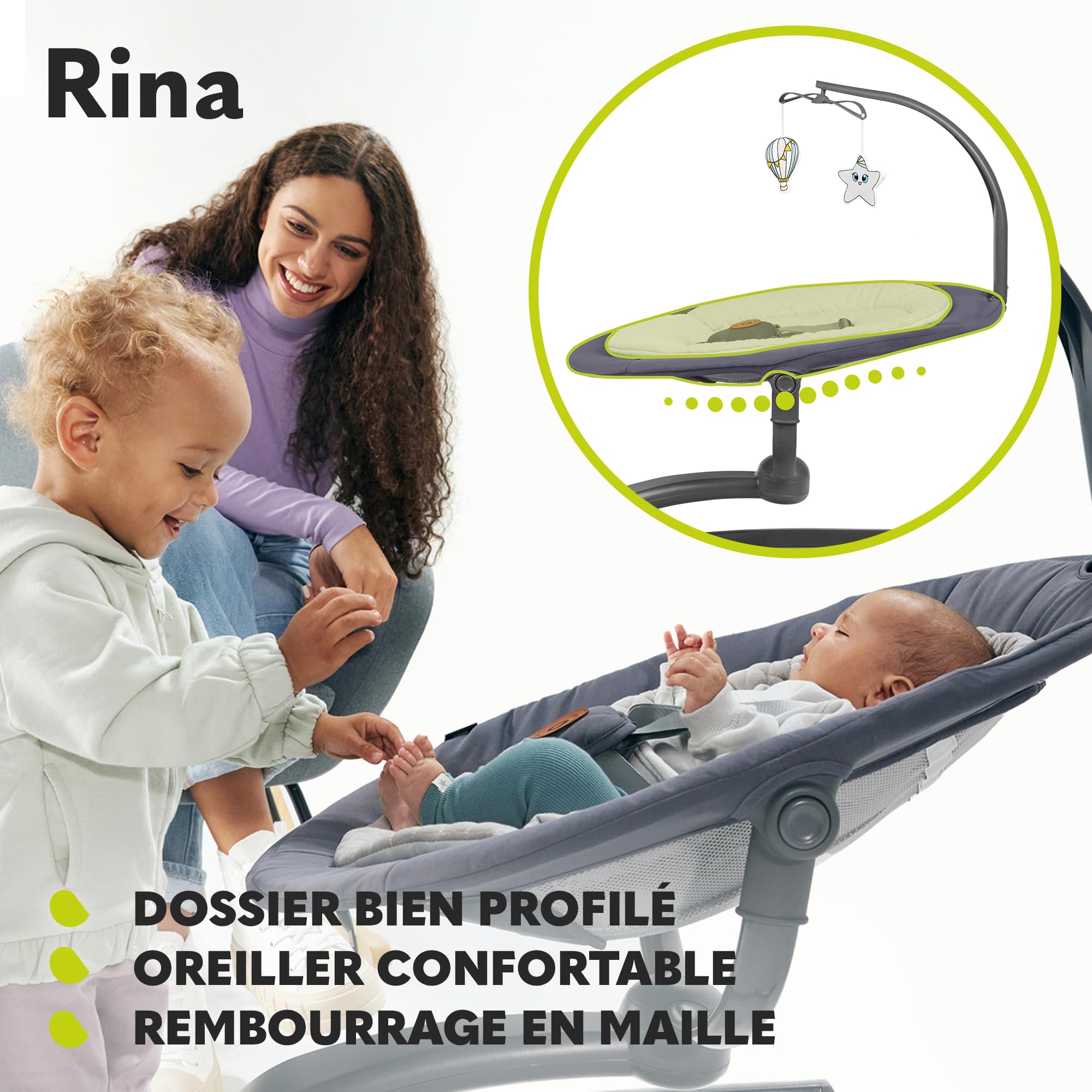 LIONELO Rina balancelle et transat 2en1 – télécommande, Assise pivotante 360°, 2 Directions de Balancement, 5 Vitesses, Blocage, réglage du Dossier, minuterie, 12 mélodies, Fonctionnement Silencieux