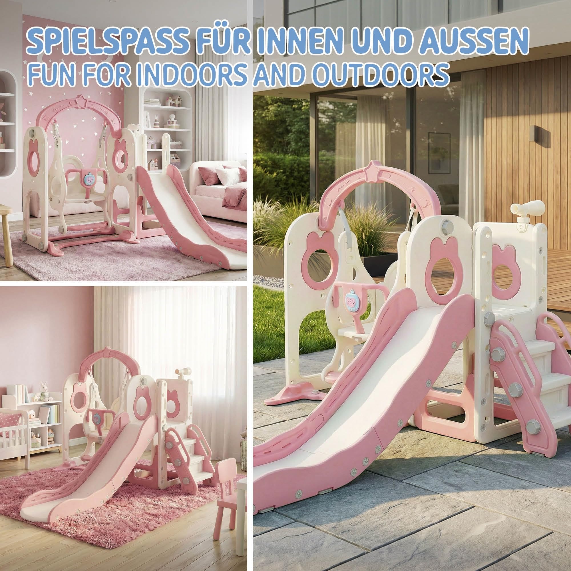 Joyz Scivolo e Altalena per Bambini 5 in 1, Parco Giochi Interno ed Esterno, con Scala da Arrampicata, Canestro da Basket e Telescopio, Centro Attività, Set da Gioco con Scivolo Rosa/Bianco da 3 Anni