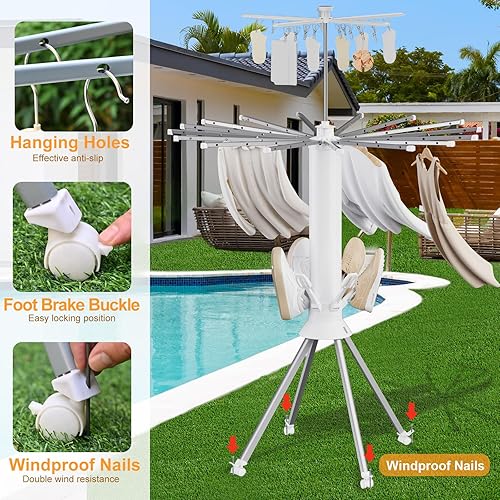 Miniatura 2 de Estante de Secado de Ropa Plegable, Perchero Portátil de 4 Patas con 20 Clips, Secador de Zapatos, Perchero de Secado de Ropa para Exteriores con 4
