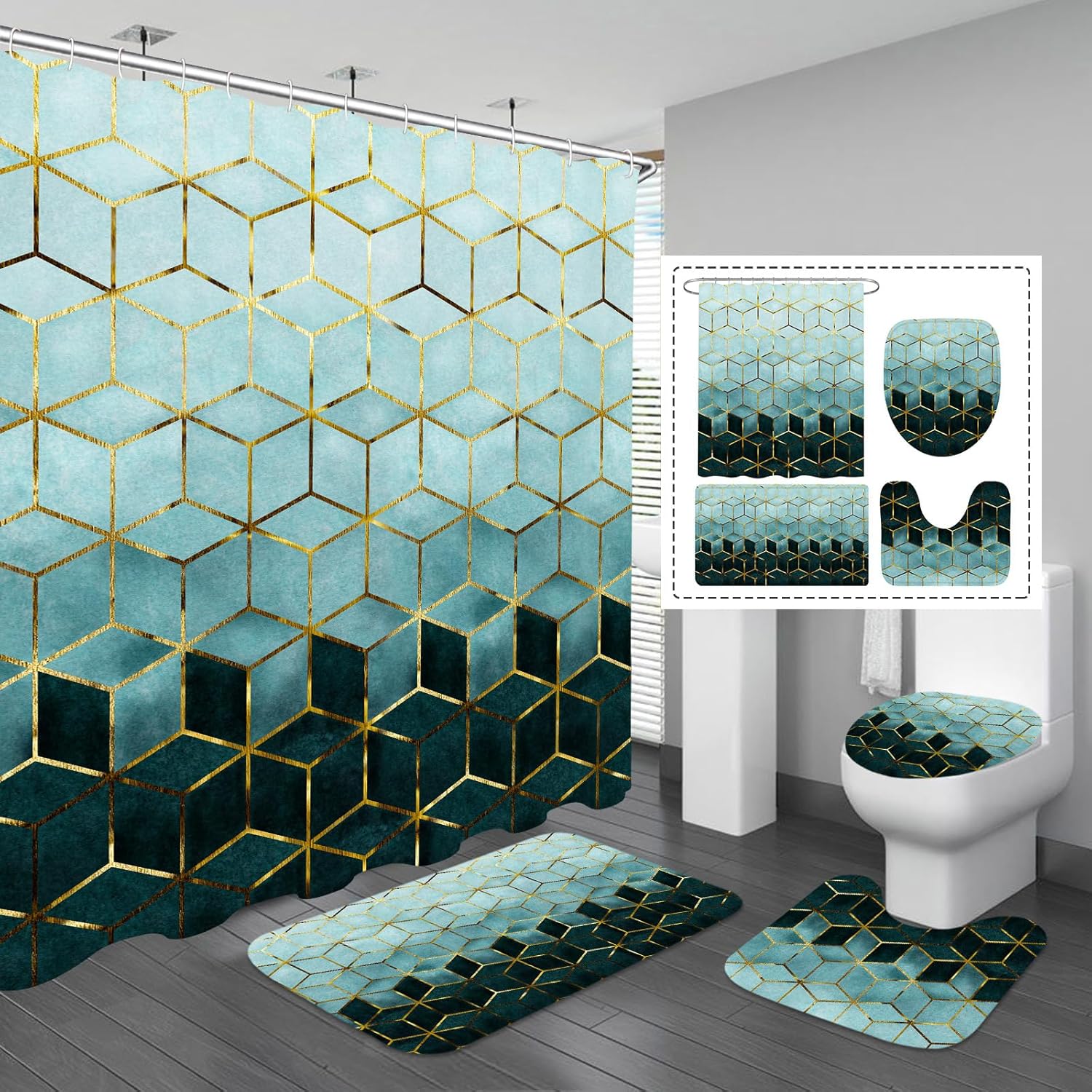 Gibelle 4 Pcs Bathroom Shower Curtain Set with Non-Slip Rugs, Toilet Lid Cover and Bath Mat, Teal Gradient Gold Cubic Lines Luxury Bathroom Decor Set with Shower Curtain and Rugs and Accessories