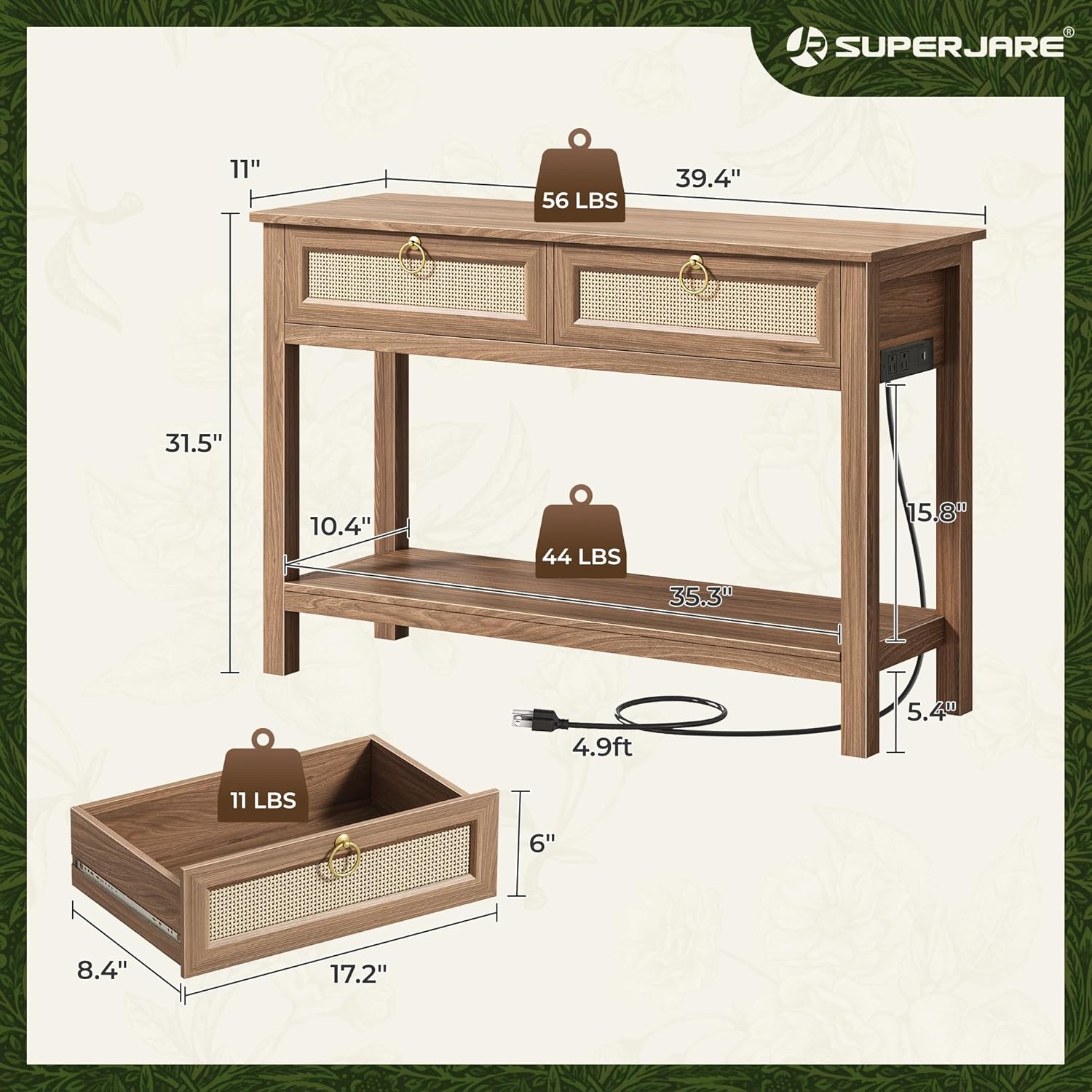 SUPERJARE Rattan Console Sofa Table with Outlets and USB-C Port, 2 Drawer Entryway Table with Synthetic Rattan Surface, 39 Inch, Open Shelf, Behind Couch Entry Foyer Hallway Storage, Brown Brown 11"D x 39.4"W x 31.5"H