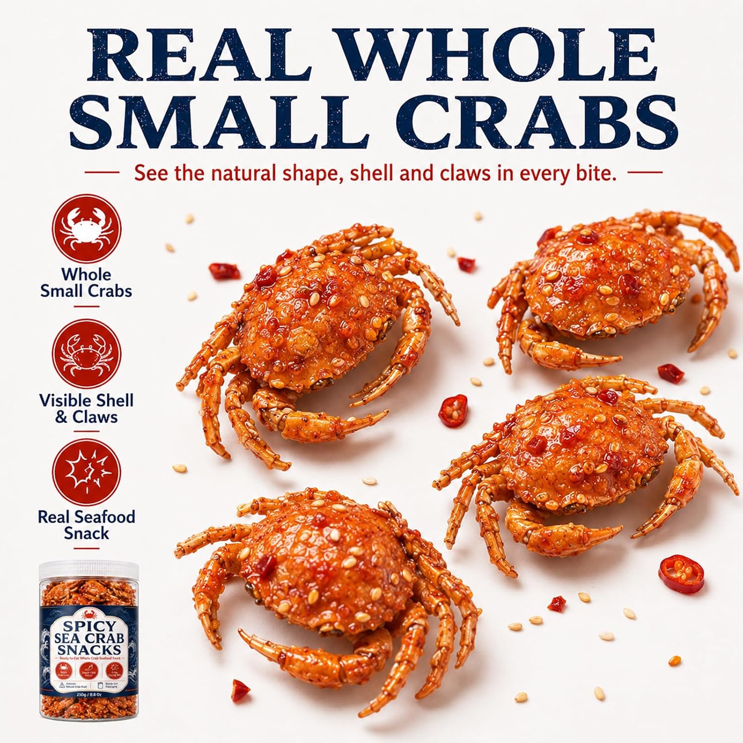 Spicy Sea Crab Snacks, Sweet Chili Whole Crab Snacks, Ready-to-Eat Crispy Small Crabs, High-in-Protein Crunchy Seafood Bites in a Sturdy Jar, Asian-Style Snack for Treats and Sharing 100g/3.52 Oz thumbnail