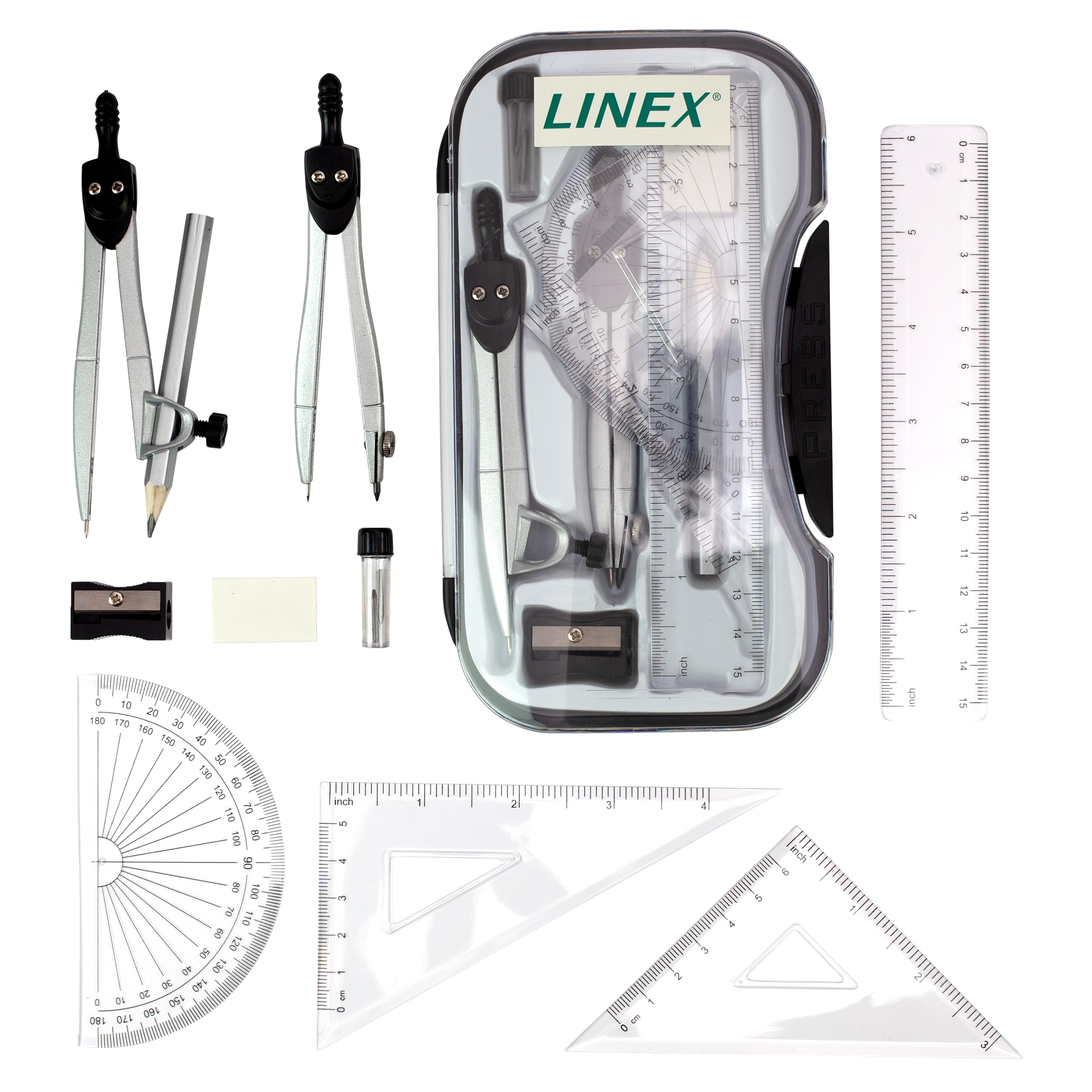 Linex Maths Geometry Set, 10-Piece Exam Kit with Transparent Case, Black, Includes Self-Centring Compasses, Protractor, Ruler, Set Squares & Eraser