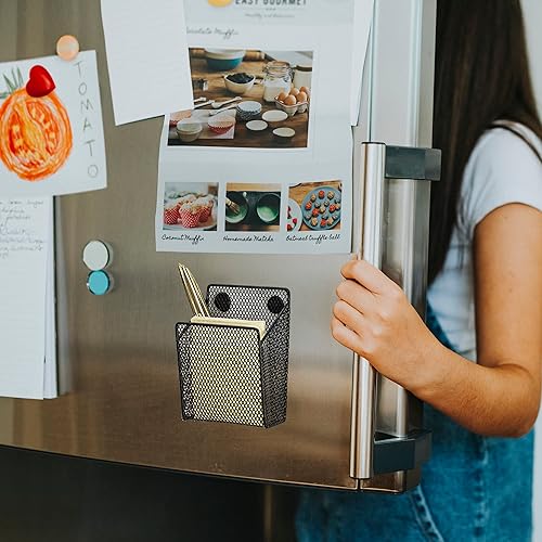 Miniatura 6 de Performore Soporte magnético de malla metálica para bolígrafos, soporte para lápices de acero inoxidable negro con imanes, organizador de
