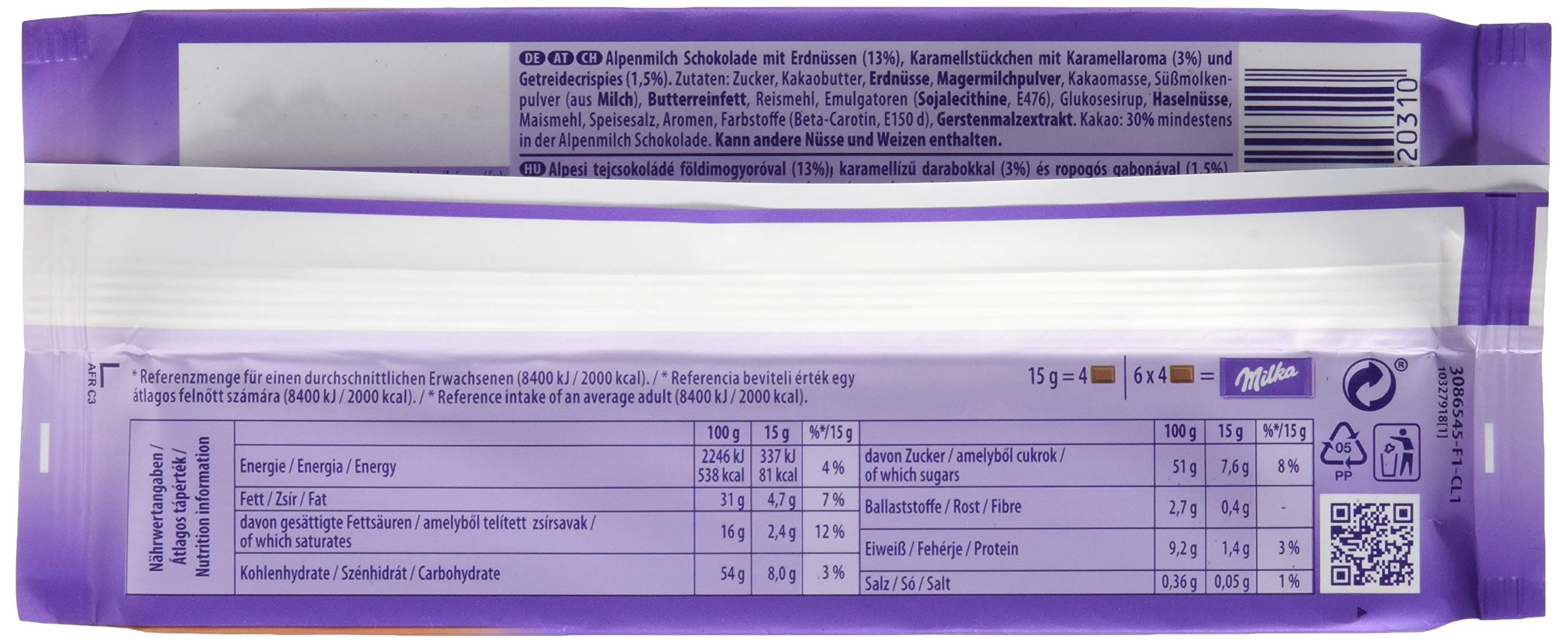 Milka Peanut Crisp – Zartschmelzende Schokolade mit Erdnüssen, Karamellstücken und Cornflakes – 24 x 90 g
