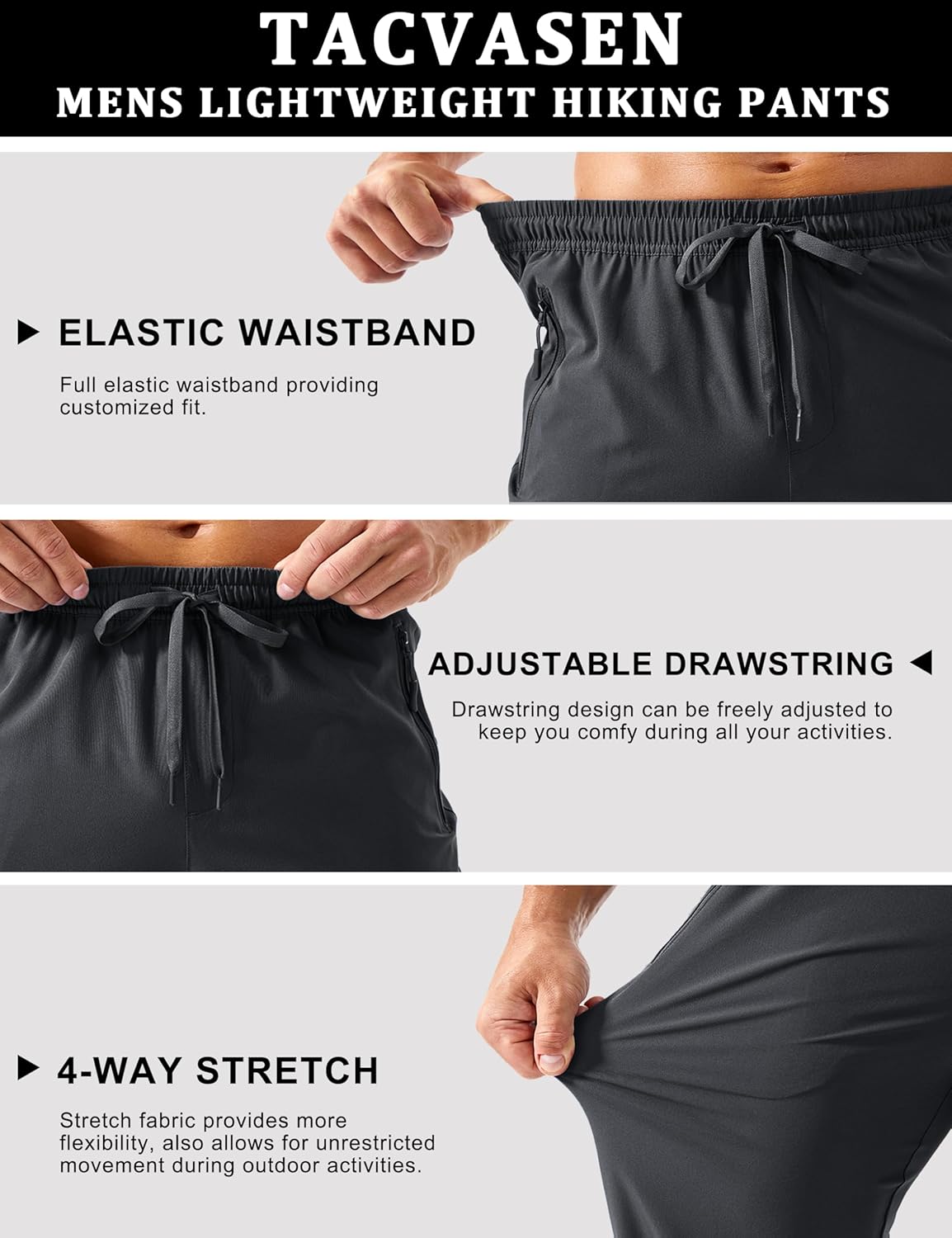 TACVASEN Men's Hiking Cargo Pants with Zipper Pockets Lightweight Quick Dry Water Resistant Travel Athletic Casual Pants - Image 6