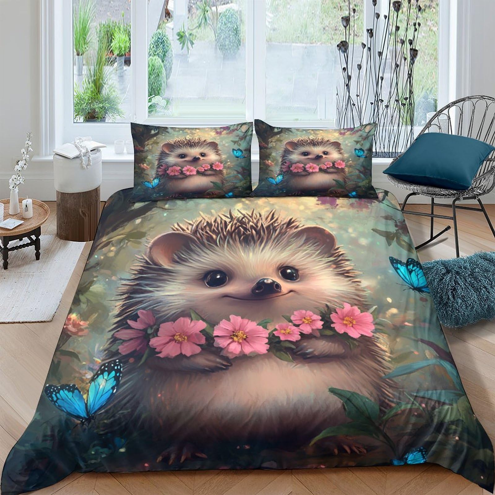 Ctjqhvkz Style-1 3D Printed Cute Hedgehog Fitted Sheet Microfiber Soft Floral Forest Bed Cover For Bedroom Guest Room Mattress Protection Single（135X200cm）