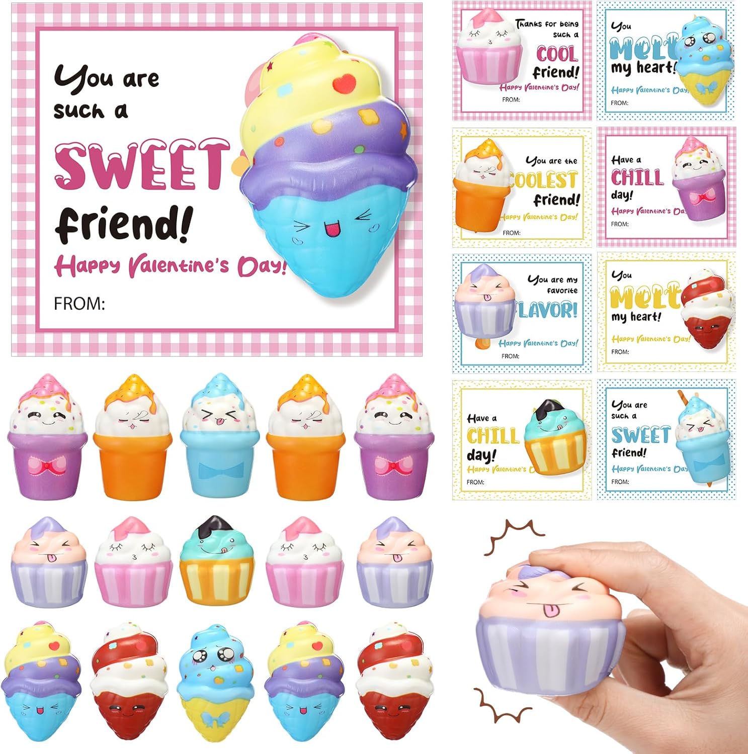 27 Sets Valentines Cards with Ice Cream Stress Balls Squeeze Toys for Valentines Day School Class Classroom Gifts Prizes Party Favors