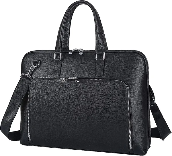 Masa Kawa Black Leather Slim Briefcase for Men Women Fits 15.6-16 Inch Laptop Professional Business Messenger Crossbody Shouder Bag Lawyer Ladies Office Work Brief Attche Case, Large