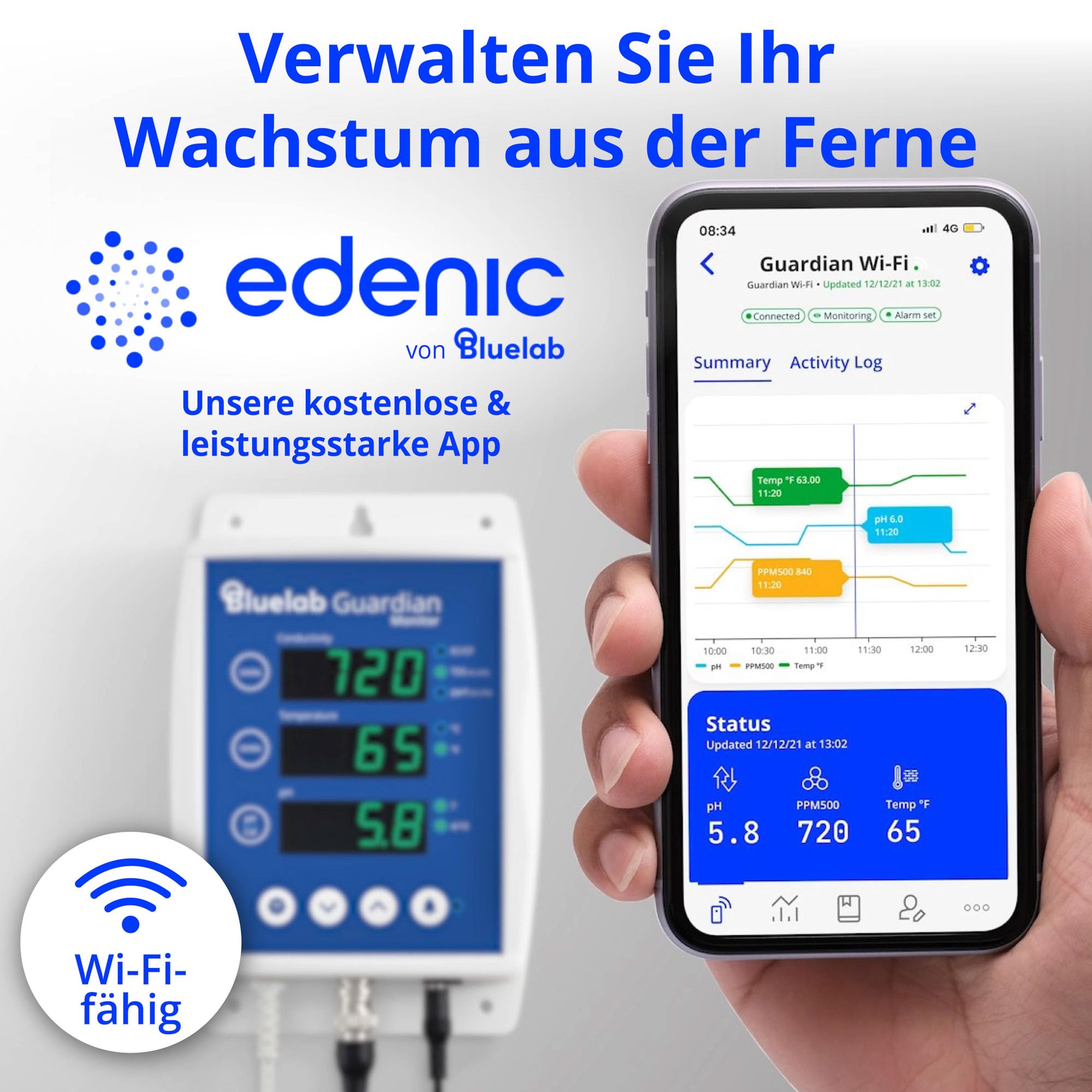 Bluelab Guardian Monitor Wi-Fi – Echtzeit-Messung von pH, Temperatur & Leitfähigkeit (TDS) im Wasser, kalibrierbar, 3-in-1 Digitales Nährstoffmessgerät – Für Hydroponik & Indoor-Pflanzenzucht