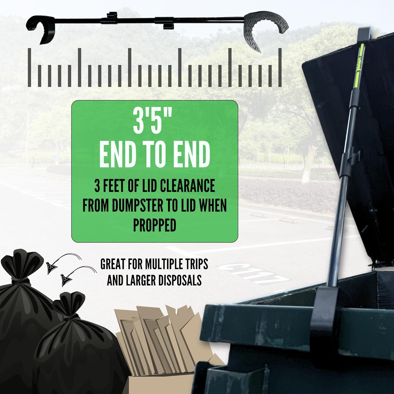 PropDaddy Trash and Recycling Dumpster Lid Prop Tool, Non-Contact Dumpster Opener, 3 Foot Lid Clearance, Black and Green