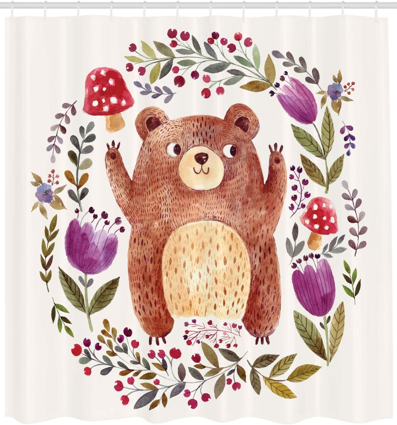 Ambesonne Watercolor Flower Shower Curtain, Illustration of a Happy Little Bear in The Frame of Flowers Wreath with Mushrooms Art, Cloth Fabric Bathroom Set with Hooks, 69" W x 70" L, Purple Green