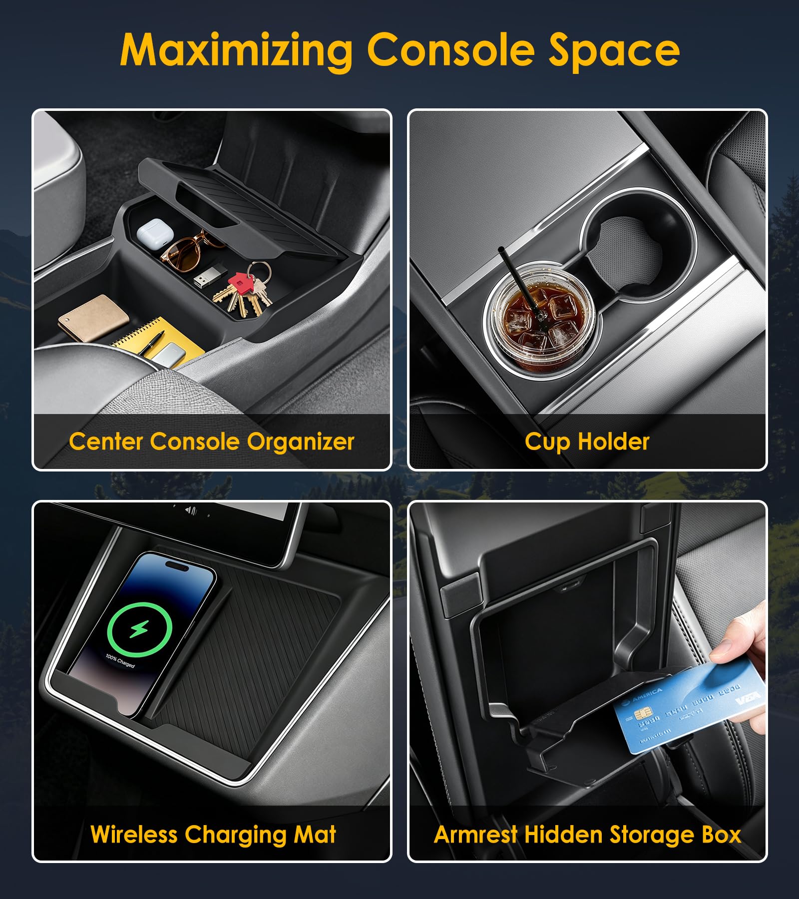 4 Pièces Accessoire pour Tesla Model Y Juniper Standard 2026 2025, Comprend un Rangement Inférieur Console Centrale, Rangement Dissimulé, Socle Recharge, Porte-gobelet