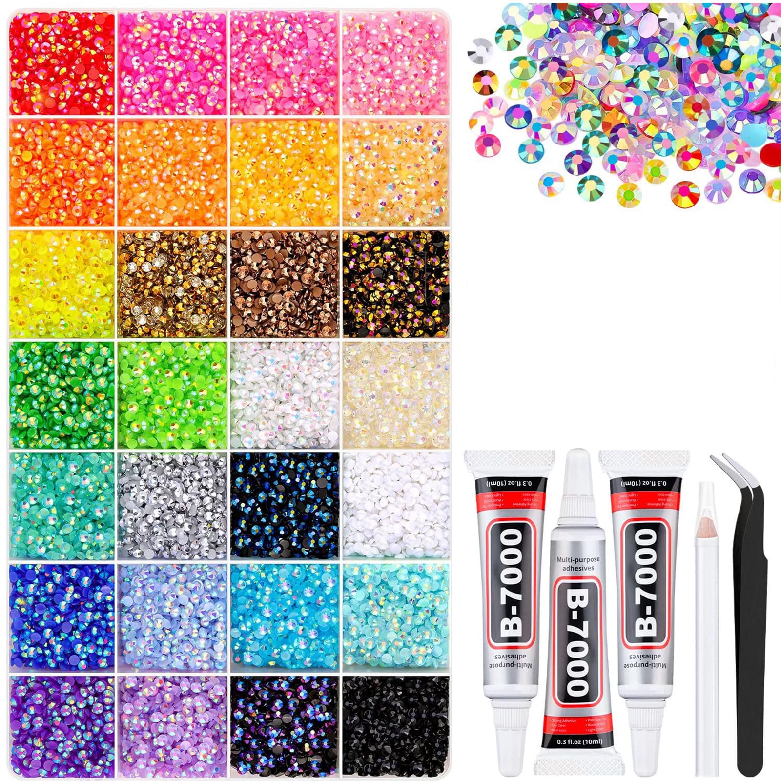 Colorful DIY Resin Rhinestone Kit, 32000 Pcs Multicolor Bedazzler Kit with Rhinestone, 3-5mm Gems for Bedazzling Kits, Include Storage Box Tool, Bedazzle Kits for Nail, Diamond Art, Clothes (28,3MM)